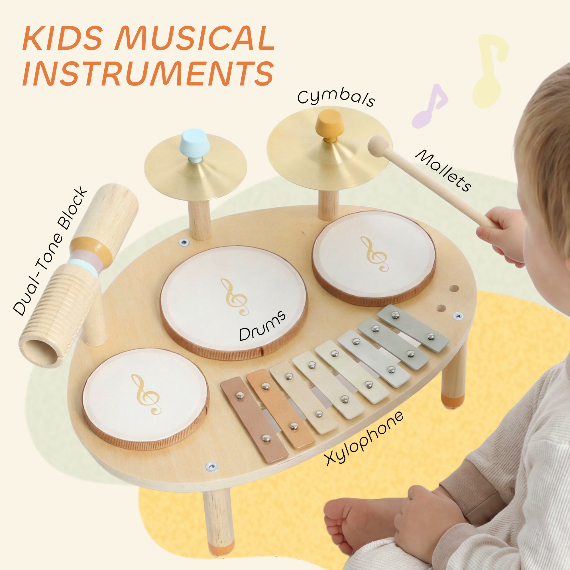 Baby Drum Kit, Wooden Kids Musical Instruments with Drums and Xylophone, Gifts for Girls Boys Birthday, Natural