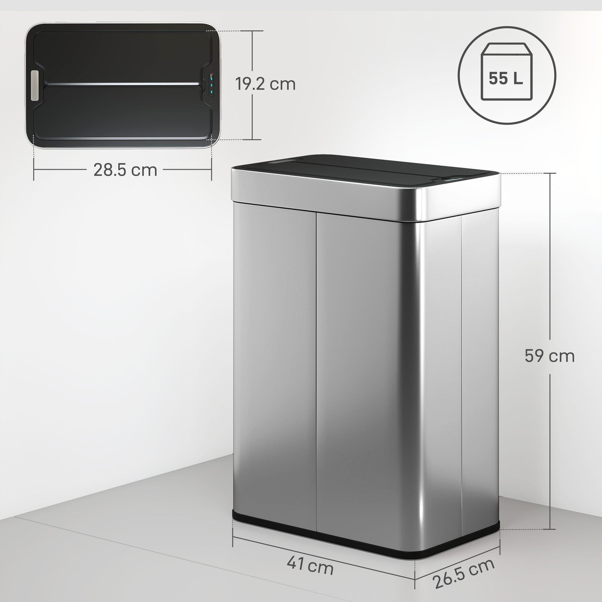 55L Sensor Bin, Large Automatic Touchless Rubbish Bin with Soft-Close Lid, Silver Tone