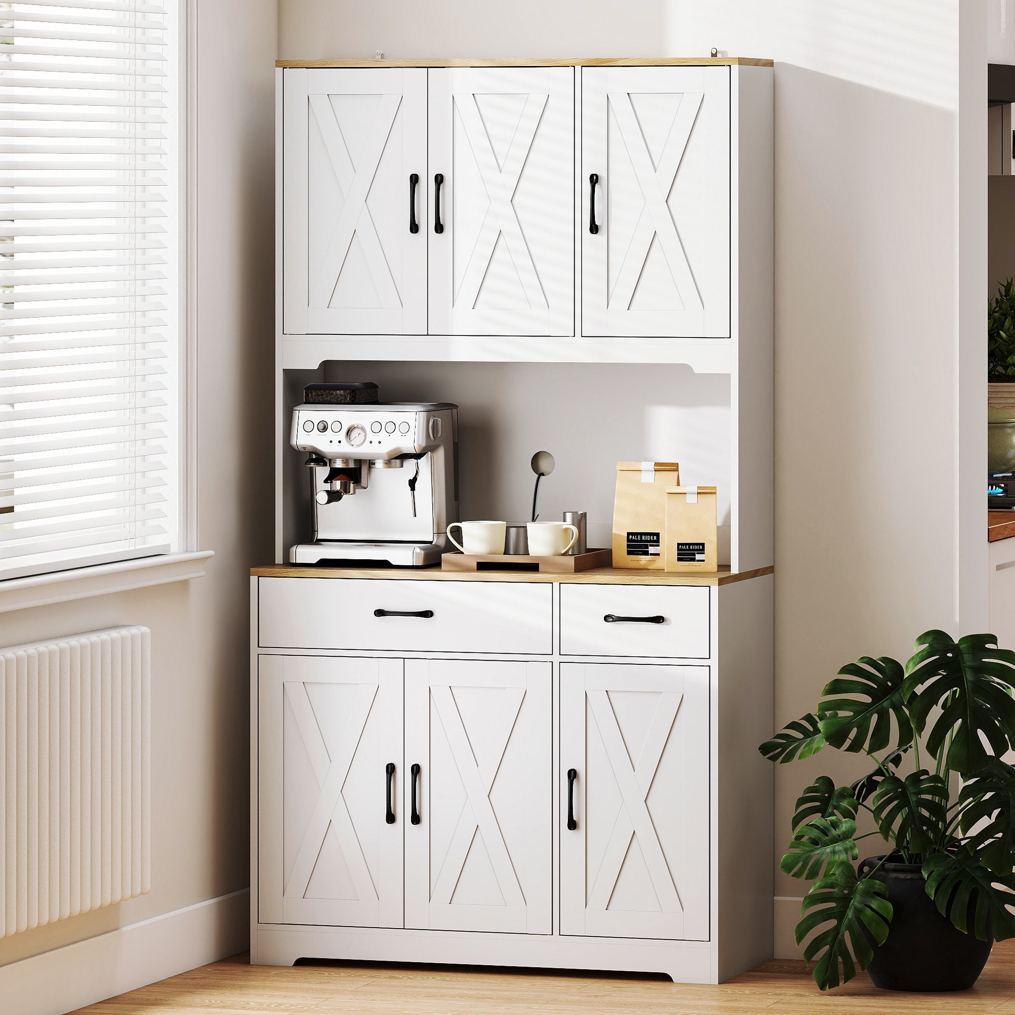 175 cm Tall Kitchen Pantry Cabinet with Microwave Stand, Freestanding Pantry Cupboard, White