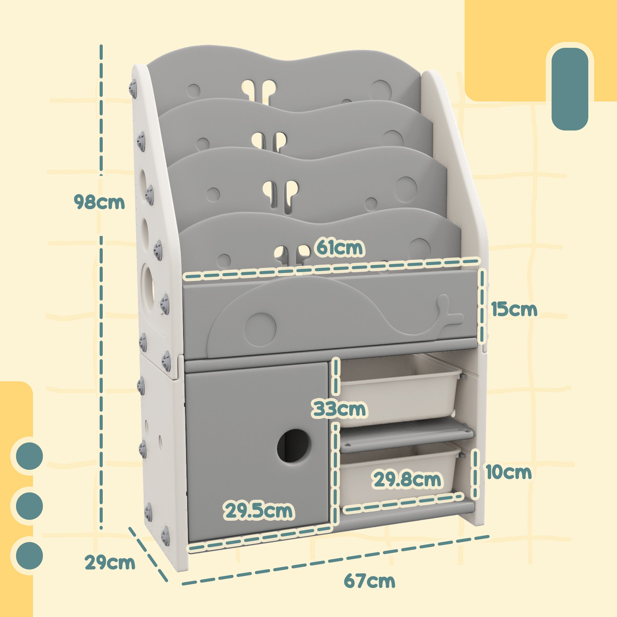 Kids Storage Units with 2 Storage Boxes, 4 Tier Bookshelf, Cabinet, 67 x 29 x 98cm Light Grey