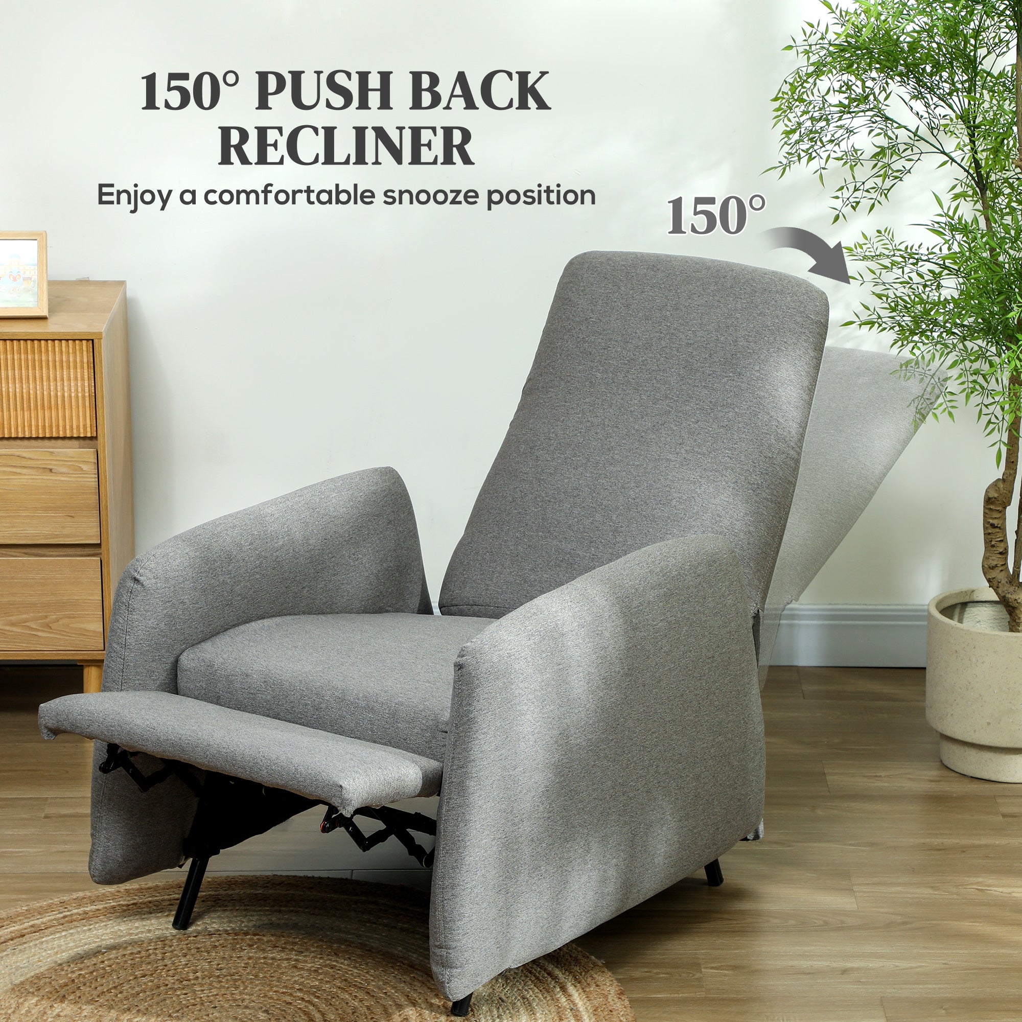 Push Back Recliner Armchair, Fabric High Back Reclining Chair with Adjustable Leg Rest and Pocket Spring Seat for Living Room, Bedroom, Home Office, Grey