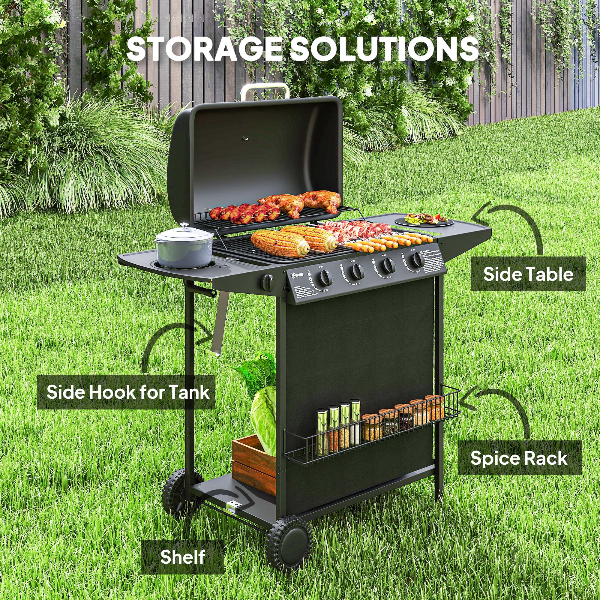4+1 Burner Gas BBQ Grill, Portable Gas Barbecue Grill with Built-in Thermometer, Lid, Side Table, Shelf, Spice Rack, Wheels, Grease Cup for Garden Party Outdoor Cooking, Black