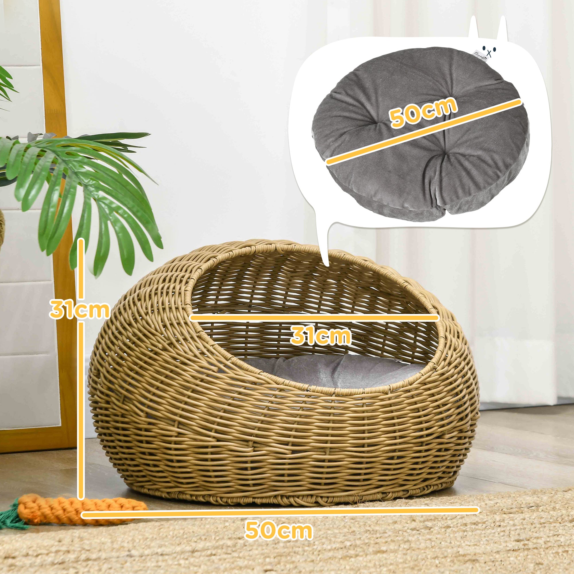 Wicker Cat House with Washable Cushion for Indoor Cats, Light Brown