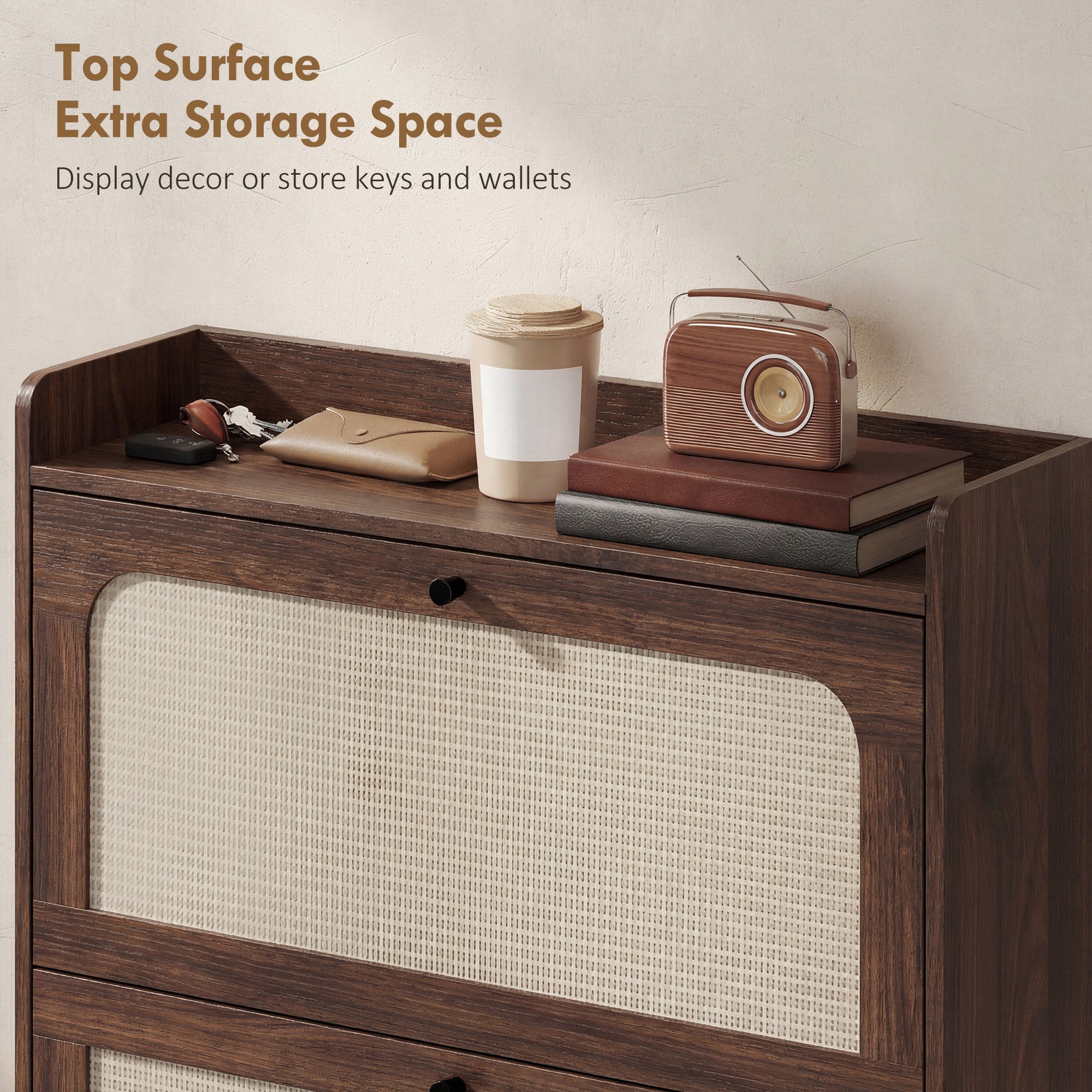 Shoe Cabinet with 2 Flip Drawers, Boho Narrow Shoe Storage Cabinet, Dark Brown