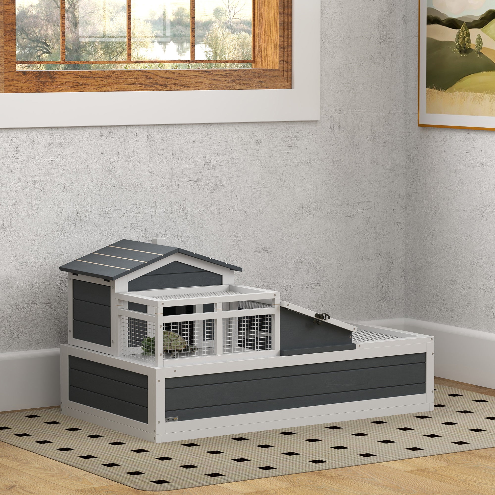Tortoise House 3-Room with 2 Stories, Ladder, Balcony, Tray, Openable Roof, 59H x 112L x 65Wcm, Grey