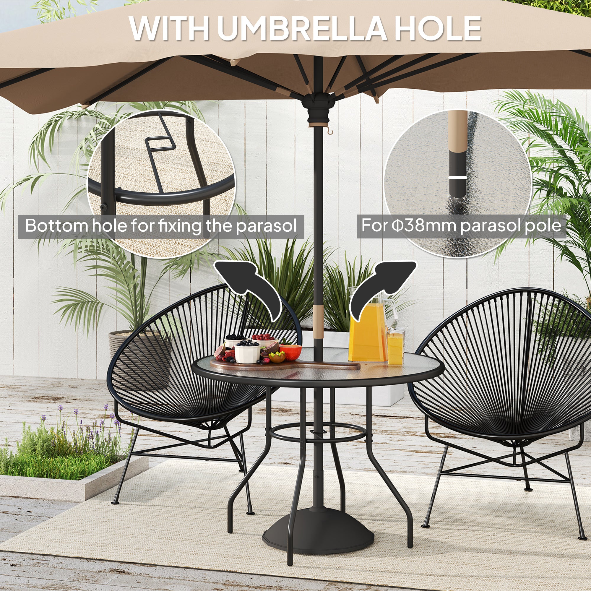 1 Piece Glass Top Garden Table with Parasol Hole - Black