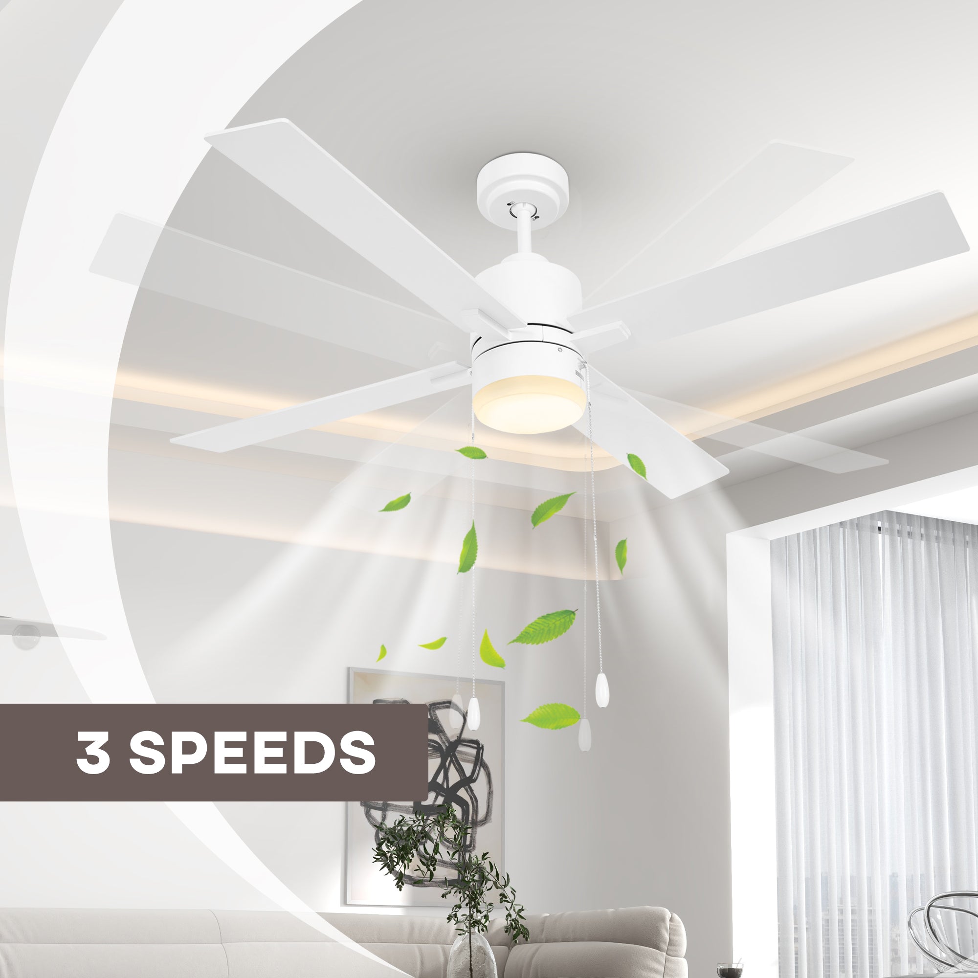 Ceiling Fan with LED Light, Flush Mount Ceiling Fan Lights with Reversible Blades, Pull-chain, White and Natural Tone