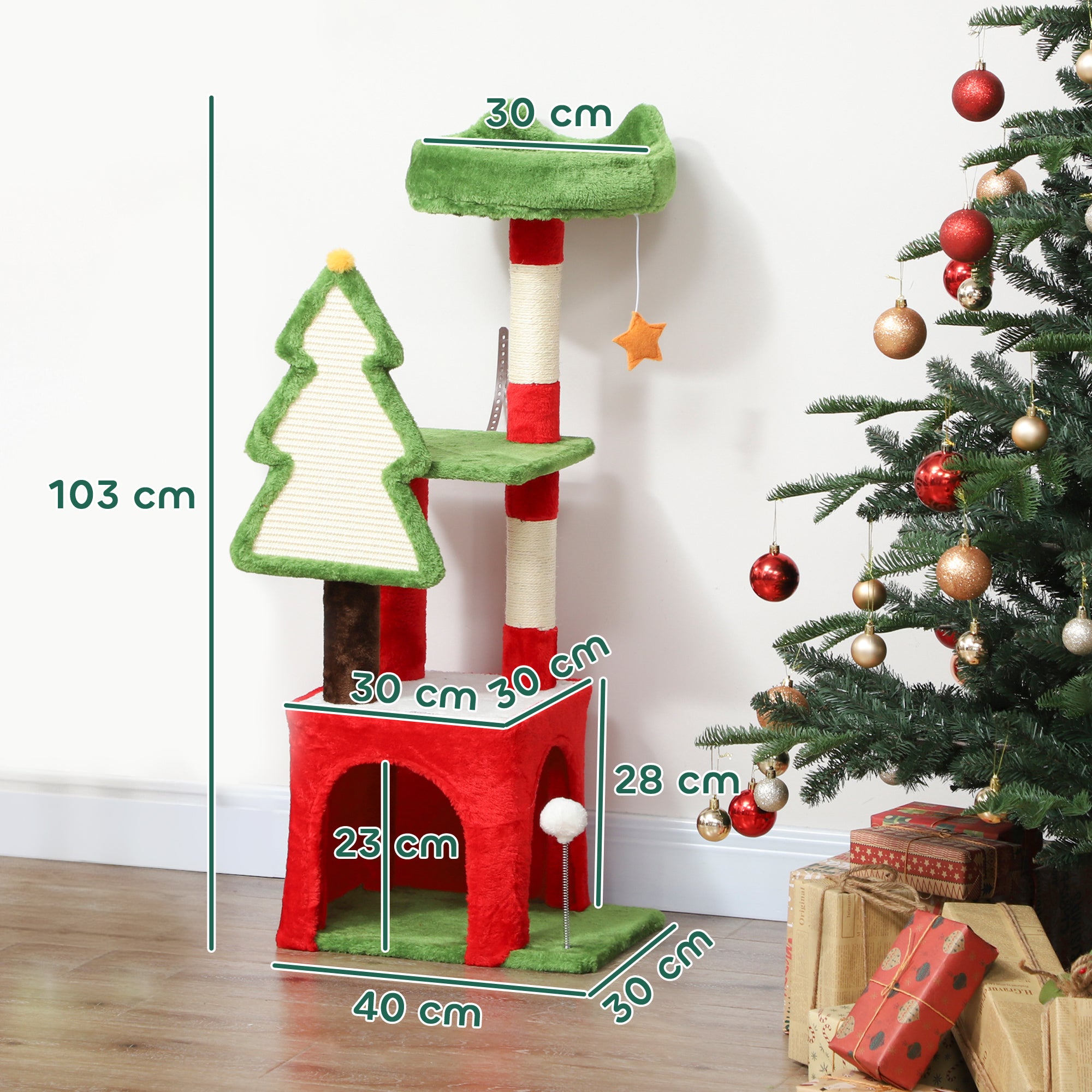 Christmas Cat Tree, 120cm Cat Tower with Scratching Post & Board, Platform, Toys, Green