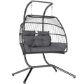 Rattan Double Hanging Egg Chair with Stand, Foldable Wicker Swing Egg Chair with Cushion, Head Pillows, Steel Frame, Hammock Chair for Indoor Outdoor, Capacity 260 kg, Dark Grey