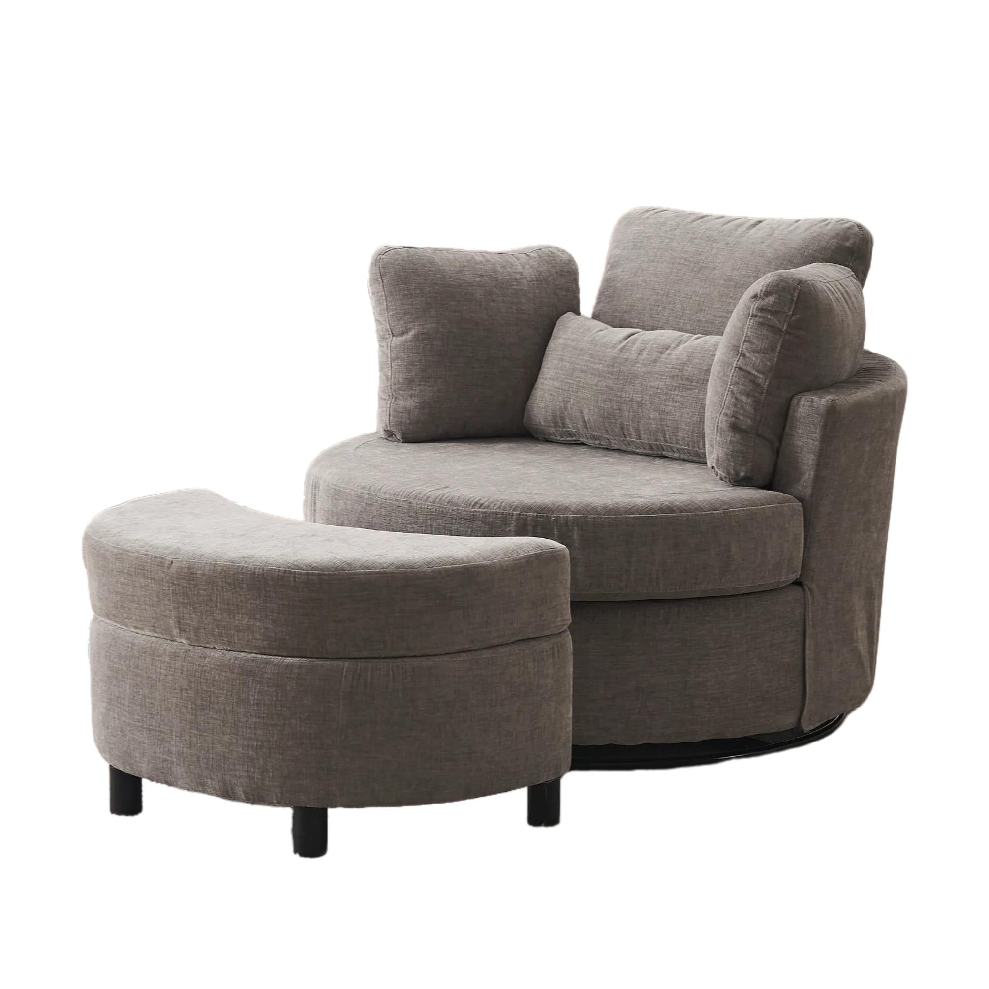 Chenille Swivel Armchair with 3 Back Cushions and Crescent Ottoman Stool, 360° Swivel Recliner Sofa, 107L x 105W x 82H cm, Grey