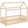 House-Shaped Kids Bed Frame with Guard Rails, Solid Pine Wood Single Bed Frame for Kids Boys and Girls, Natural