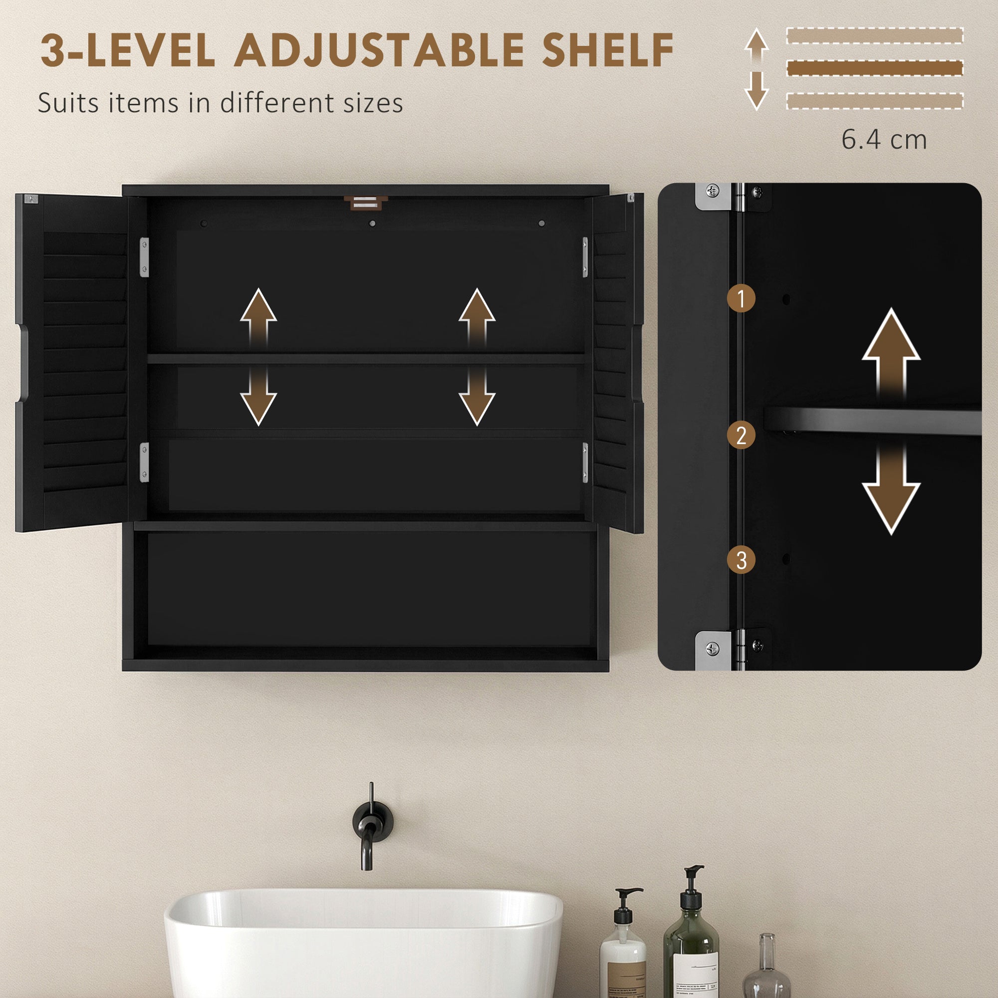 Bathroom Cabinet, Wall Mounted Storage Cabinet with Adjustable Shelves, 60 x 20 x 60 cm, Black