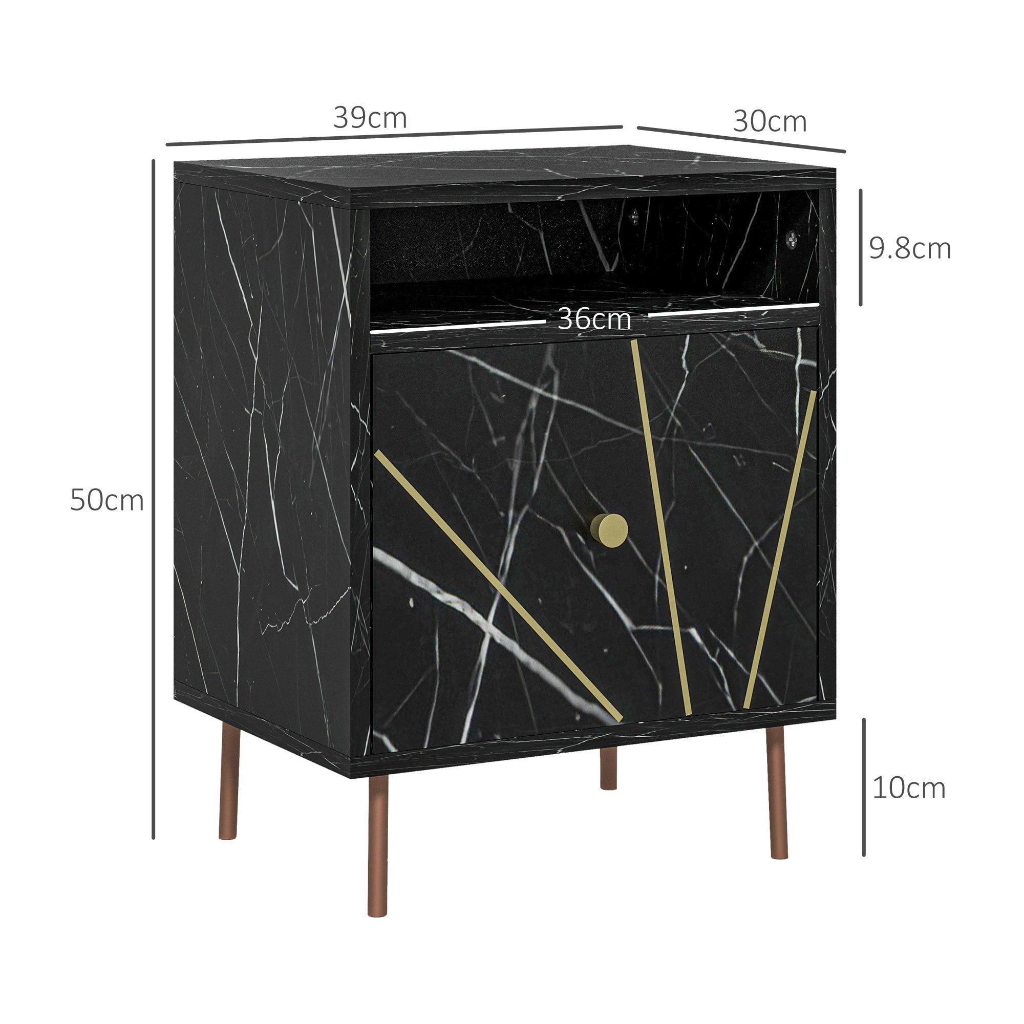 Elegant Bedside with Storage - Black/Gold Tone