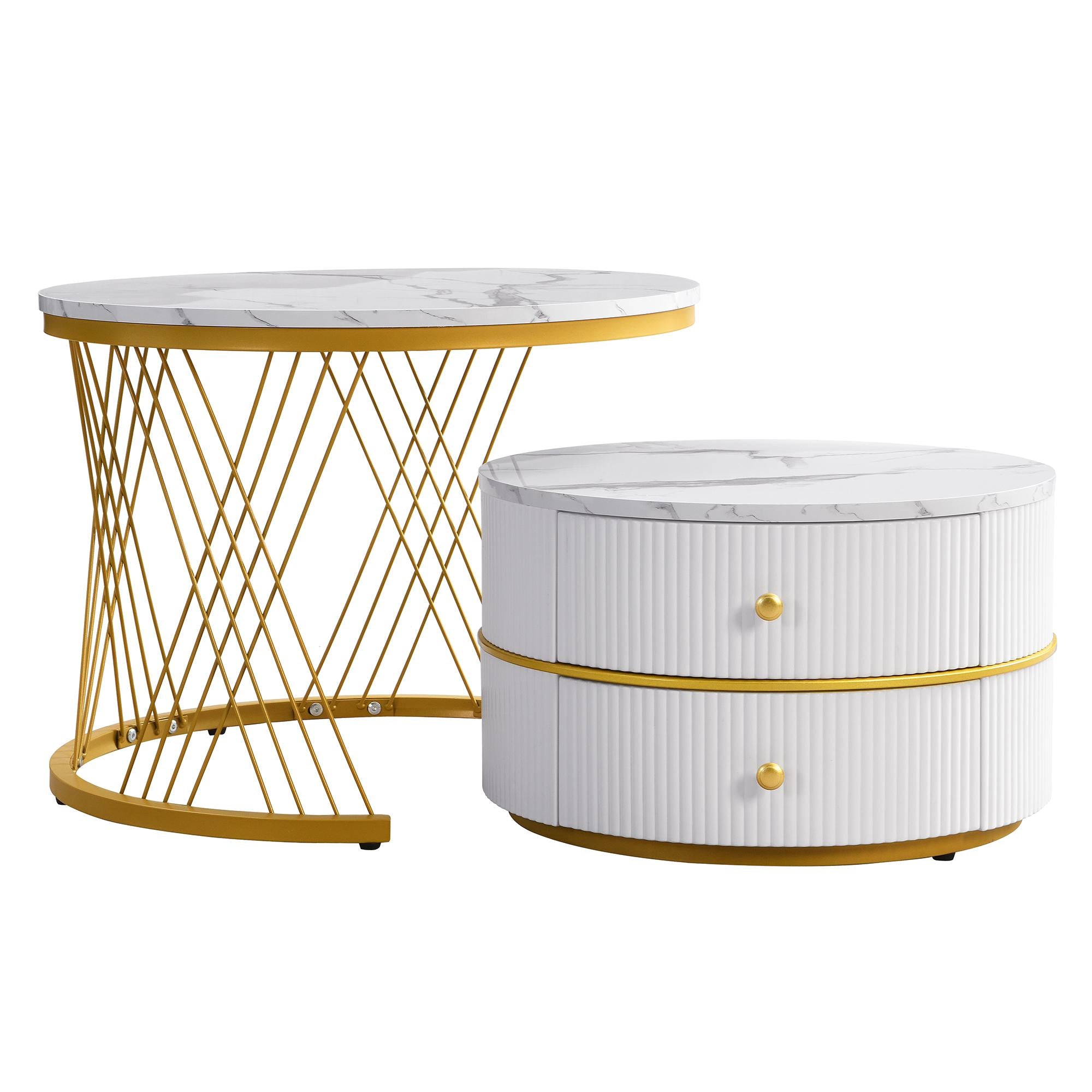 2 Piece High Gloss Round Nesting Coffee Table Set with Marble Top, Living Room Centre Tables with Storage Drawers, Gold+White