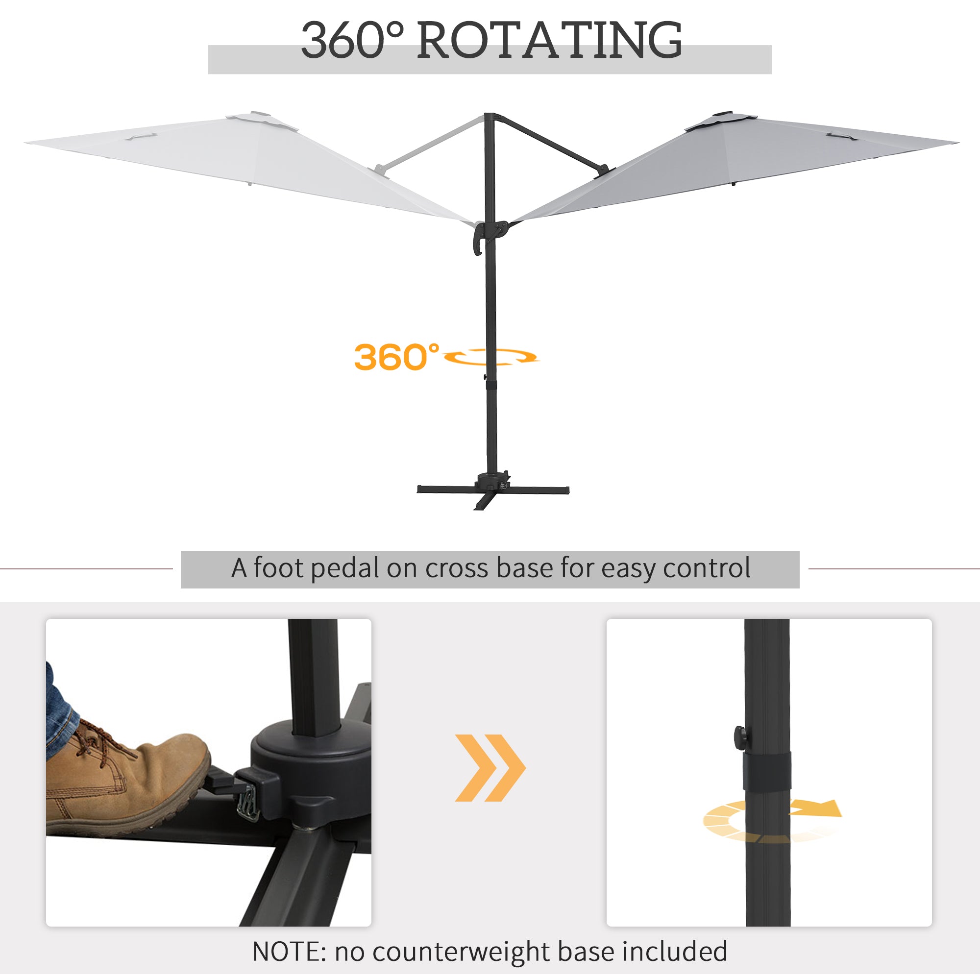 3(m) Adjustable Cantilever Parasol with Base, Solar LED Lights, Light Grey