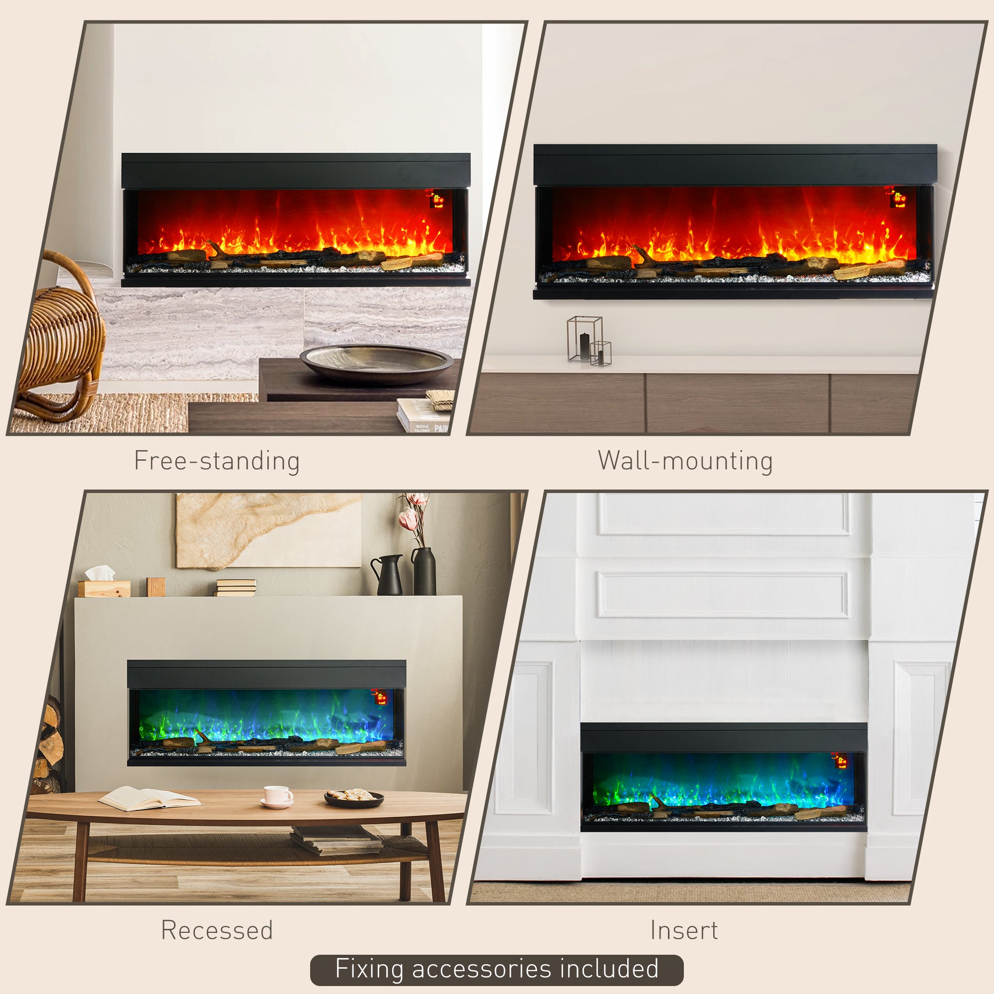 1800W 15-40? Adjustable Flame Glass Panel Convector Heater, 152cm