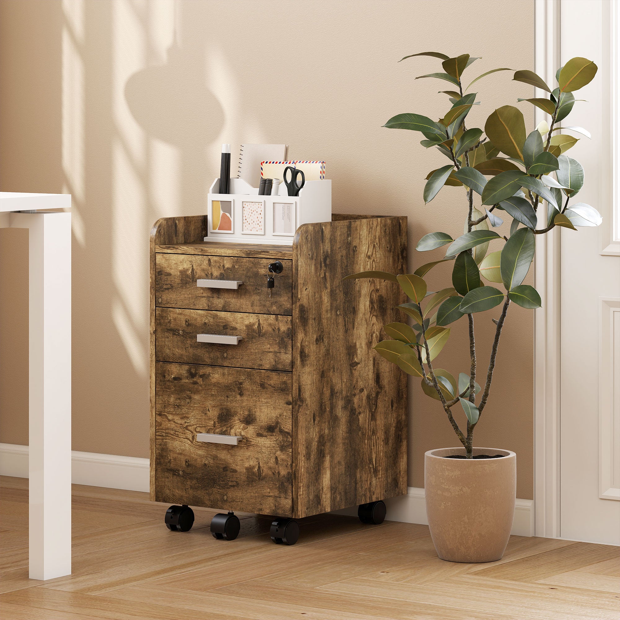 3 Drawer Filing Cabinet with Lock, Rolling File Cabinet with Edged Top for Letter, A4 Size, Hanging File Folders