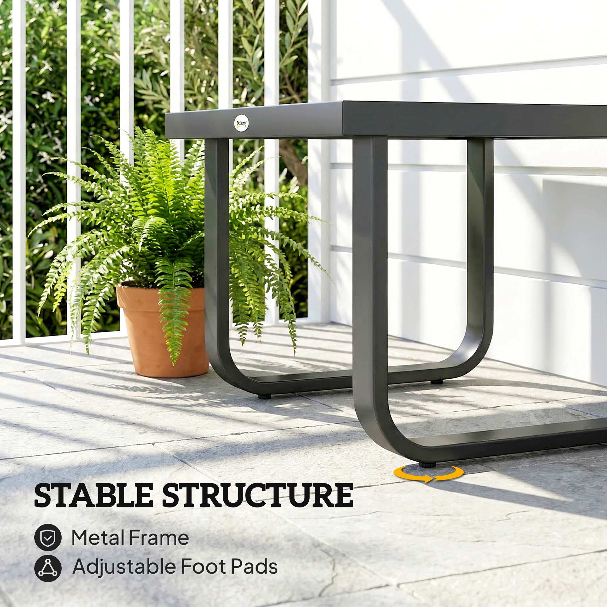 Outdoor Garden Coffee Table, Rectangle Metal Side Table with Tempered Glass Tabletop, Adjustable Foot Pads