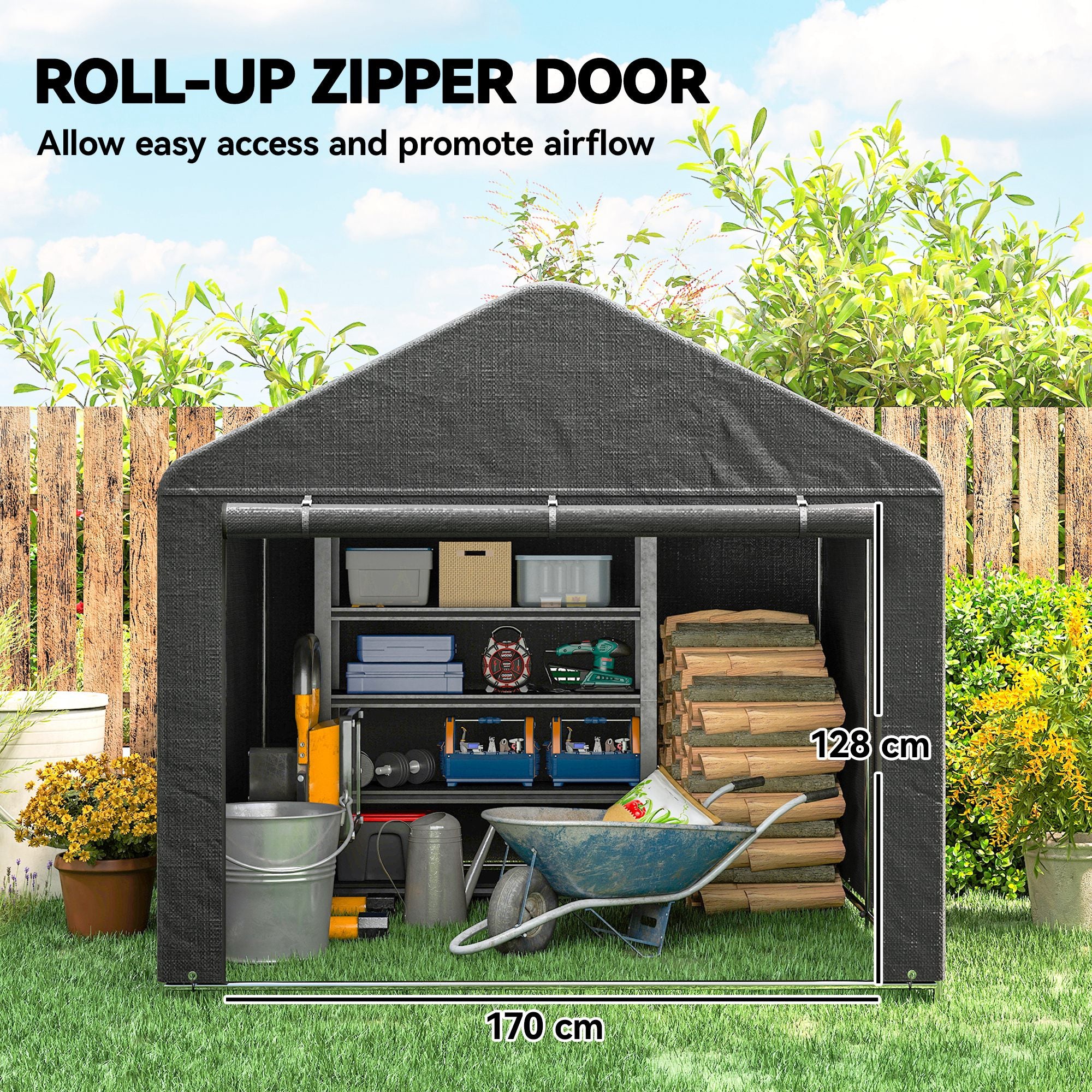 6.6 x 7.8ft Outdoor Garden Storage Shed, Waterproof Bike Tent with Roll-up Zipper Door, Galvanised Metal Frame, Portable Shed Shelter Carport for Motorcycle Garden Tools, Dark Grey