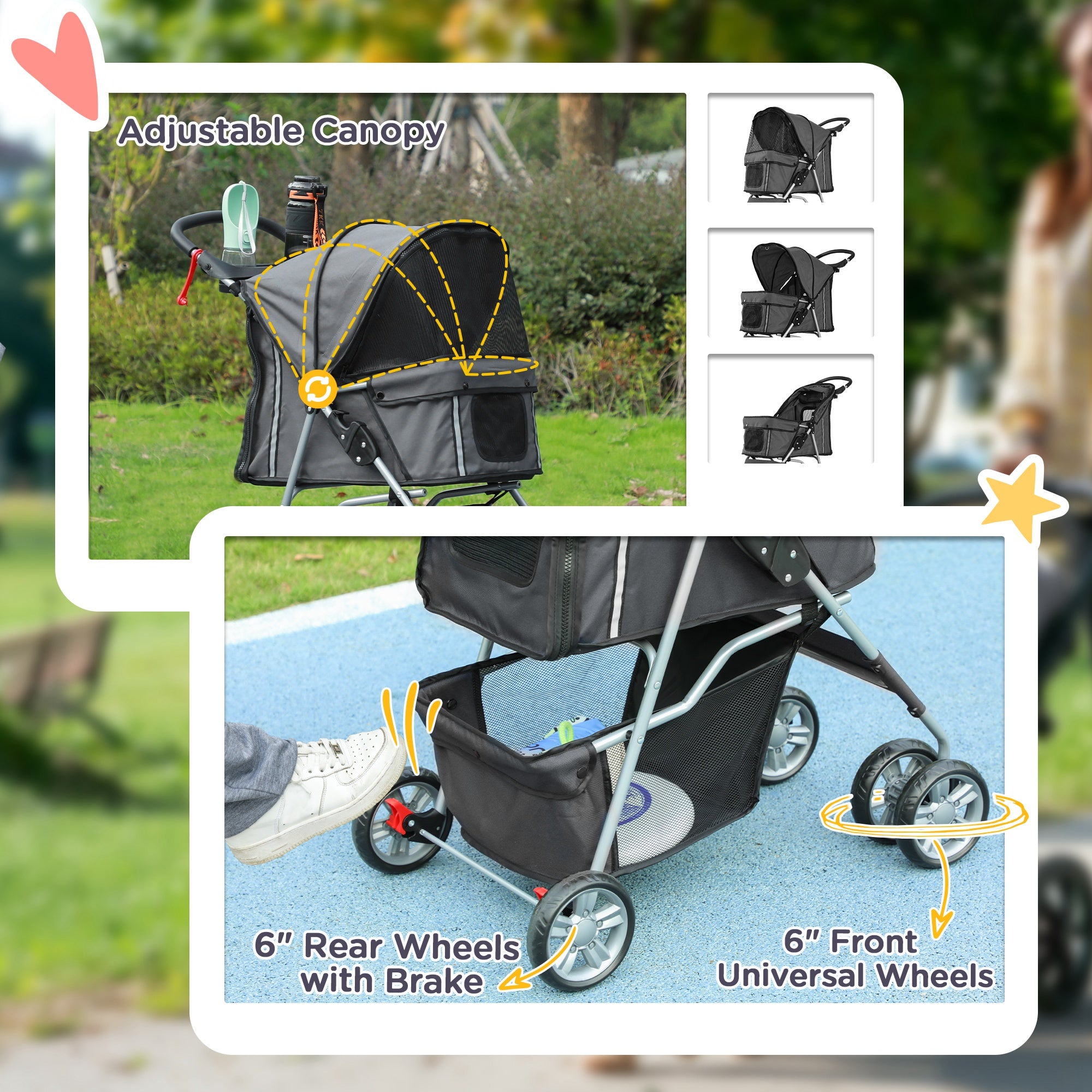 Foldable Pet Stroller for Small and Miniature Dog, Dark Grey