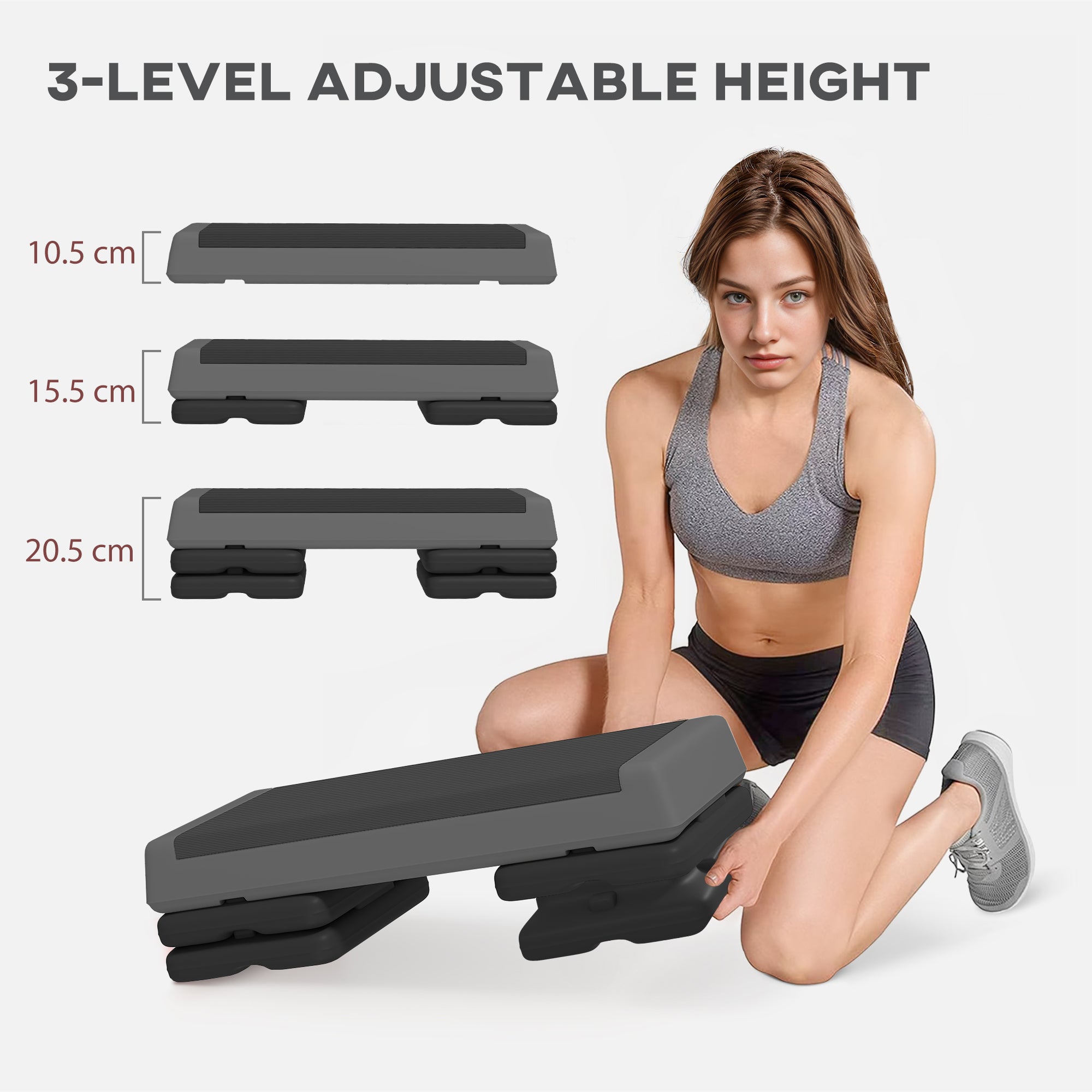 Adjustable Fitness Stepper with Non-Slip Surface 3 Height Levels for Home Gym - Grey