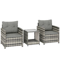 Rattan Bistro Set, 3 Piece Garden Furniture Set with 2 Tier Glass Top Table and Cushions, Mixed Grey
