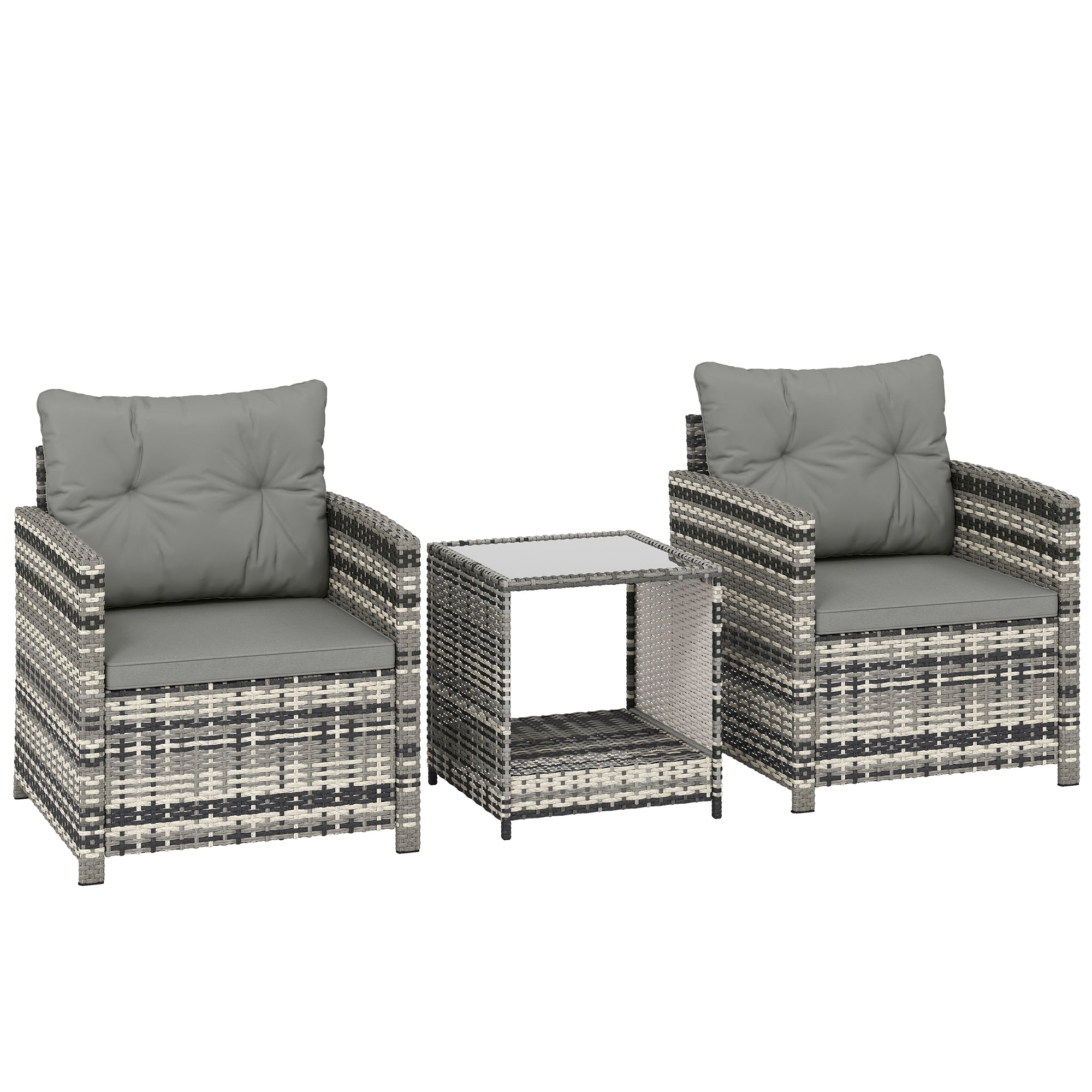 Rattan Bistro Set, 3 Piece Garden Furniture Set with 2 Tier Glass Top Table and Cushions, Mixed Grey