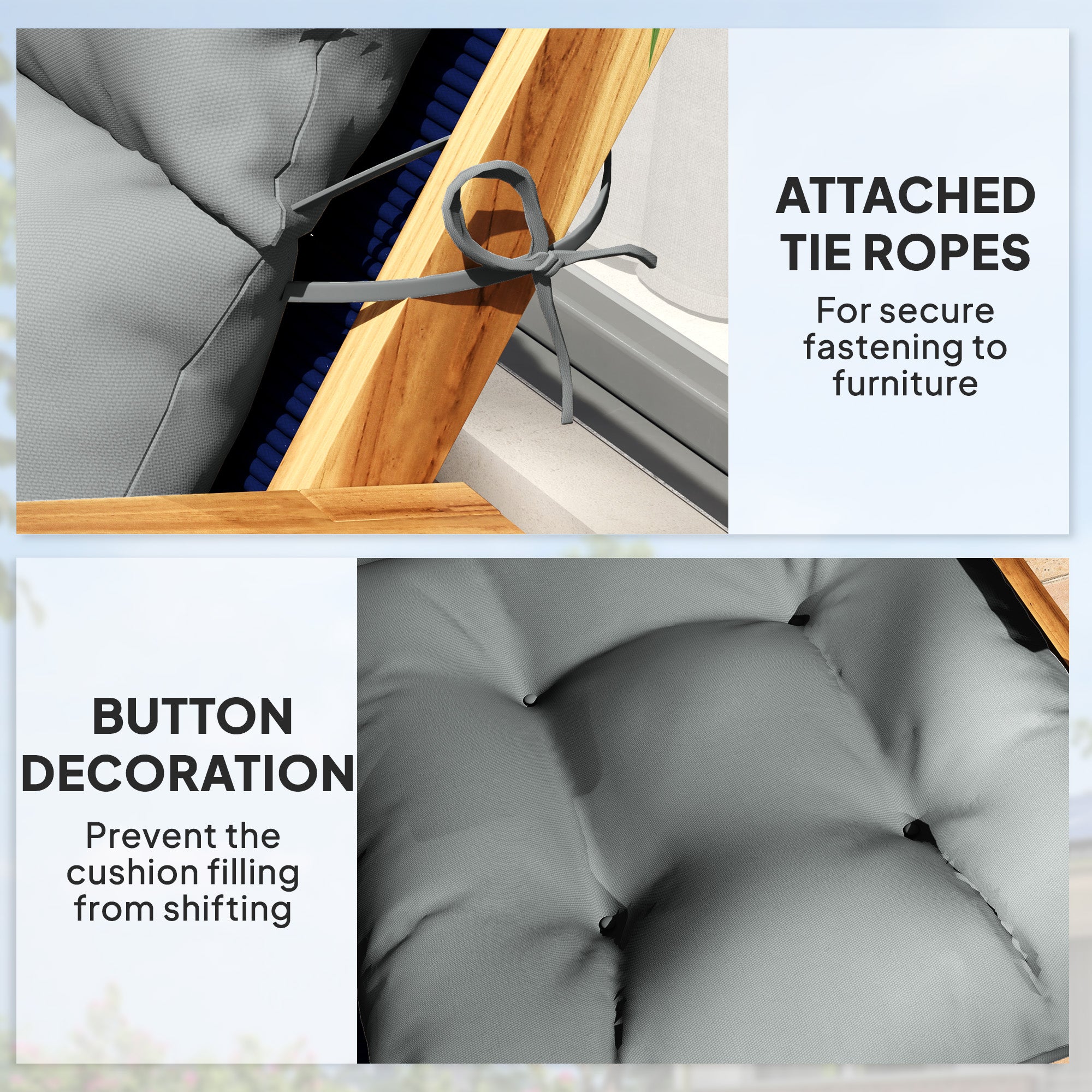 115cm Rocking Chair Cushion Set with Padded 10cm Thick Seat - Light Grey