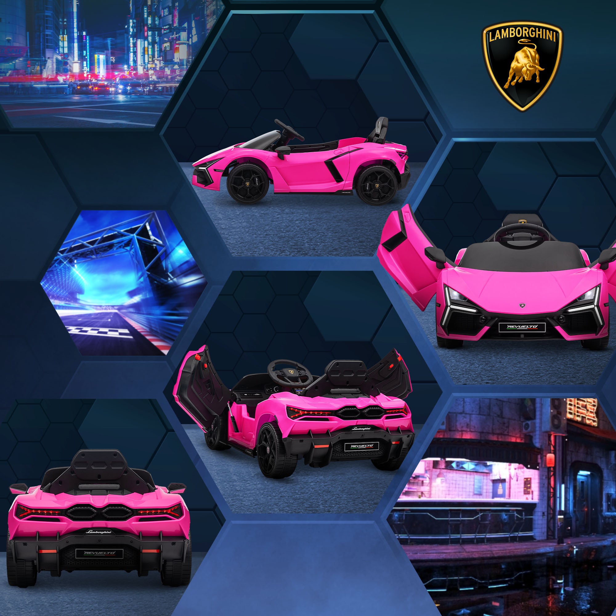 Lamborghini Revuelto Licensed 12V Ride on Car w/ Butterfly Doors, Transport Wheels, Suspension, Remote Control, Pink