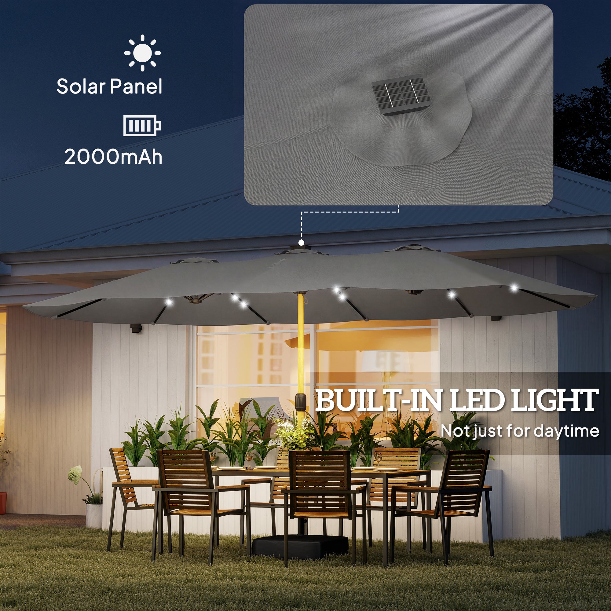 Double Sided Garden Parasol with Base Included & 48 Solar LED Lights Patio Umbrella Crank Handle 4.6m Light Grey