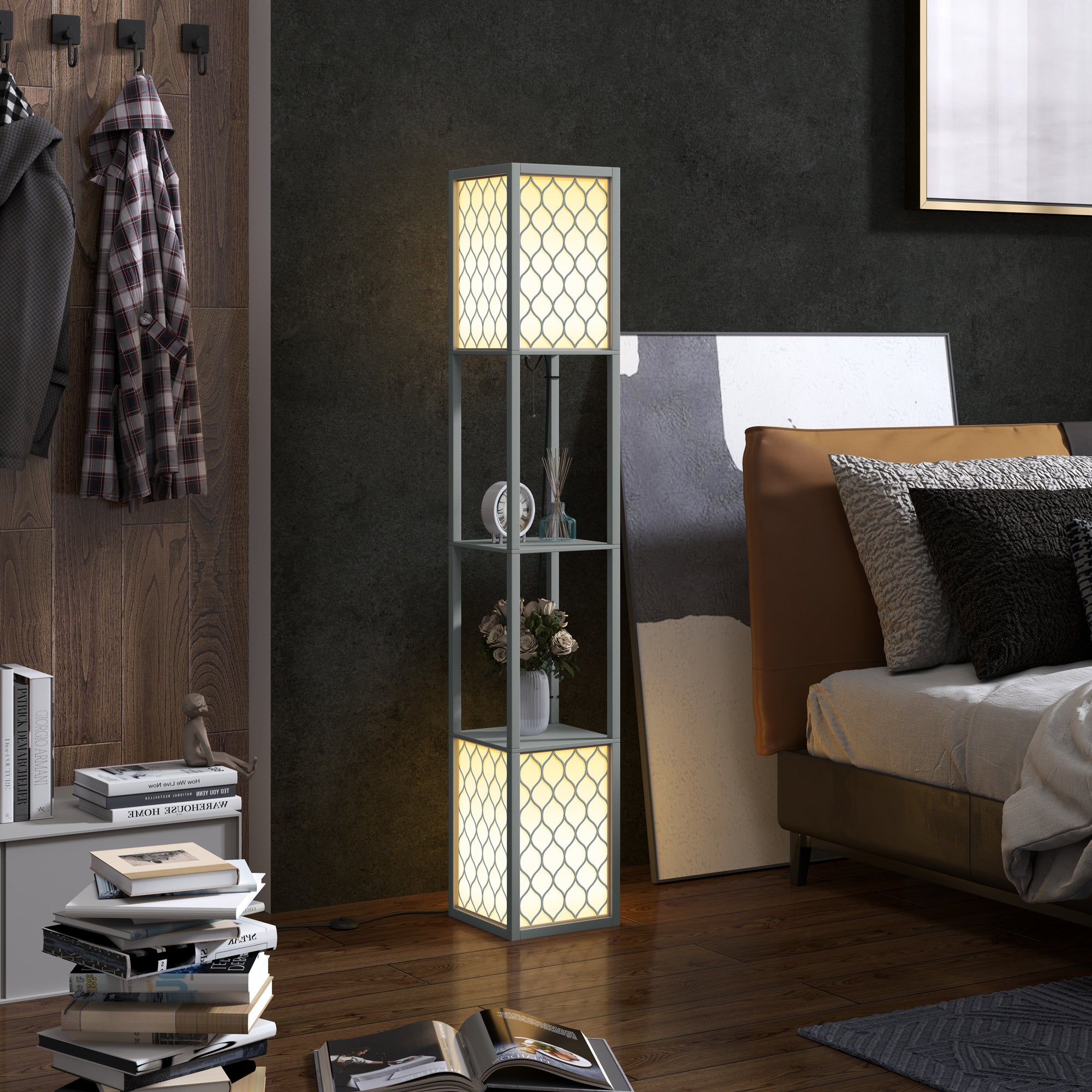 Floor Lamp with Shelves, Dual Light, Modern Tall Standing Lamps, with Pull Chain Switch (Bulb not Included), Light Grey