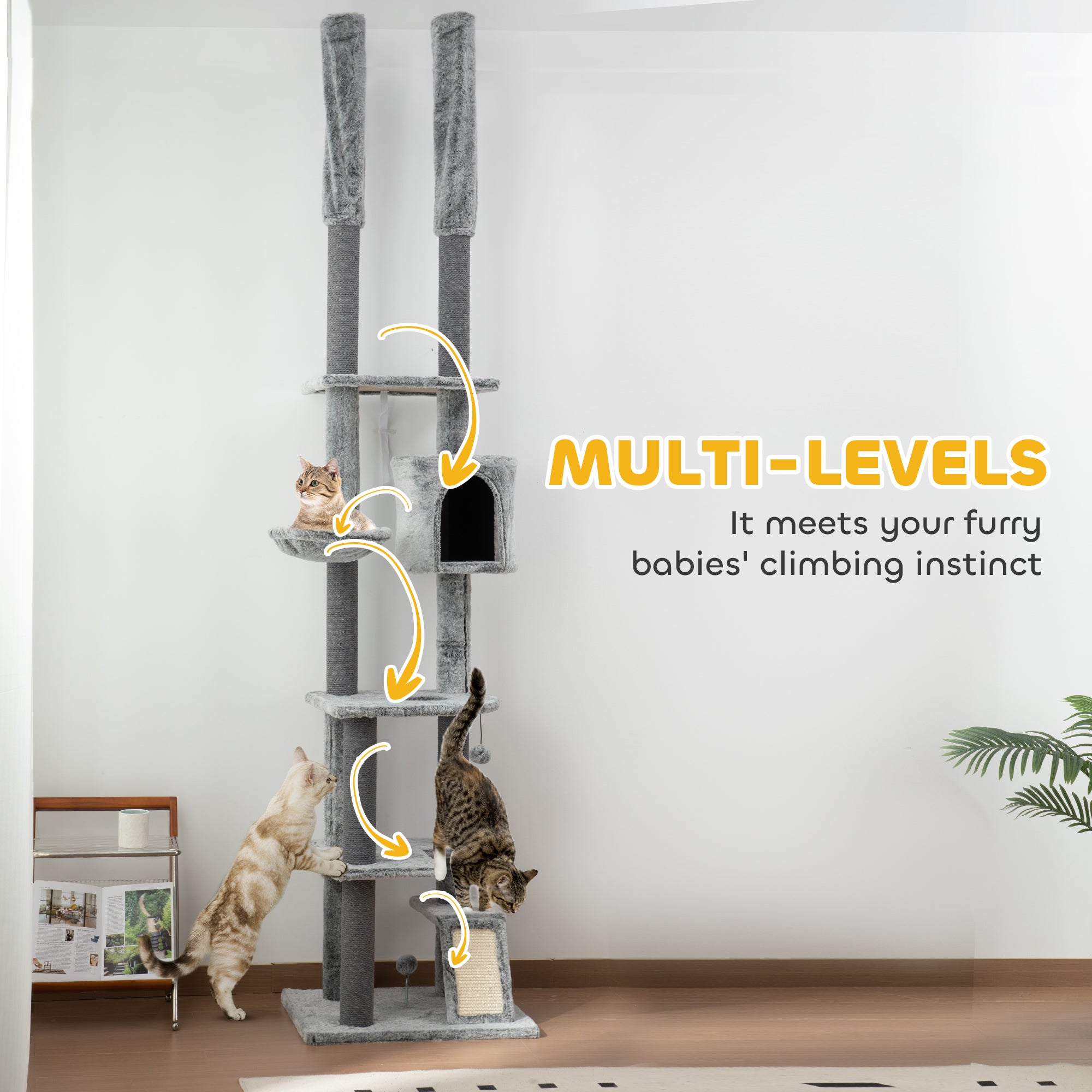 225-255cm Height Floor-to-Ceiling Cat Tree Large Cat Tower w/ Cat Scratching Posts, Ramp, Condo