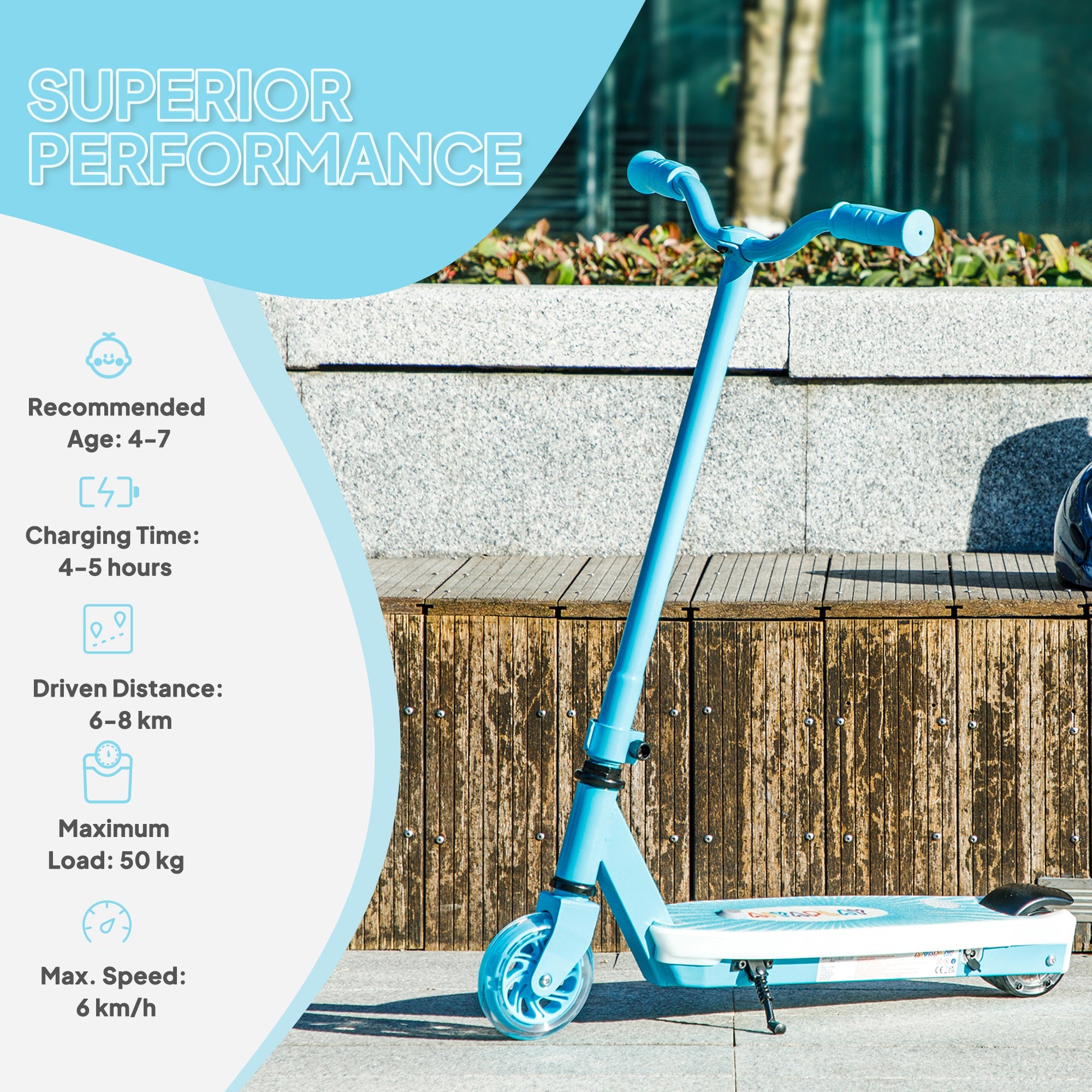 Electric Scooter for Kids Ages 4-7, with Auxiliary Rear Wheels, Flashing LED Light and Electric Brake, Kids Electric Scooter for Boys Girls, 6 KM/H & 8 KM, Blue