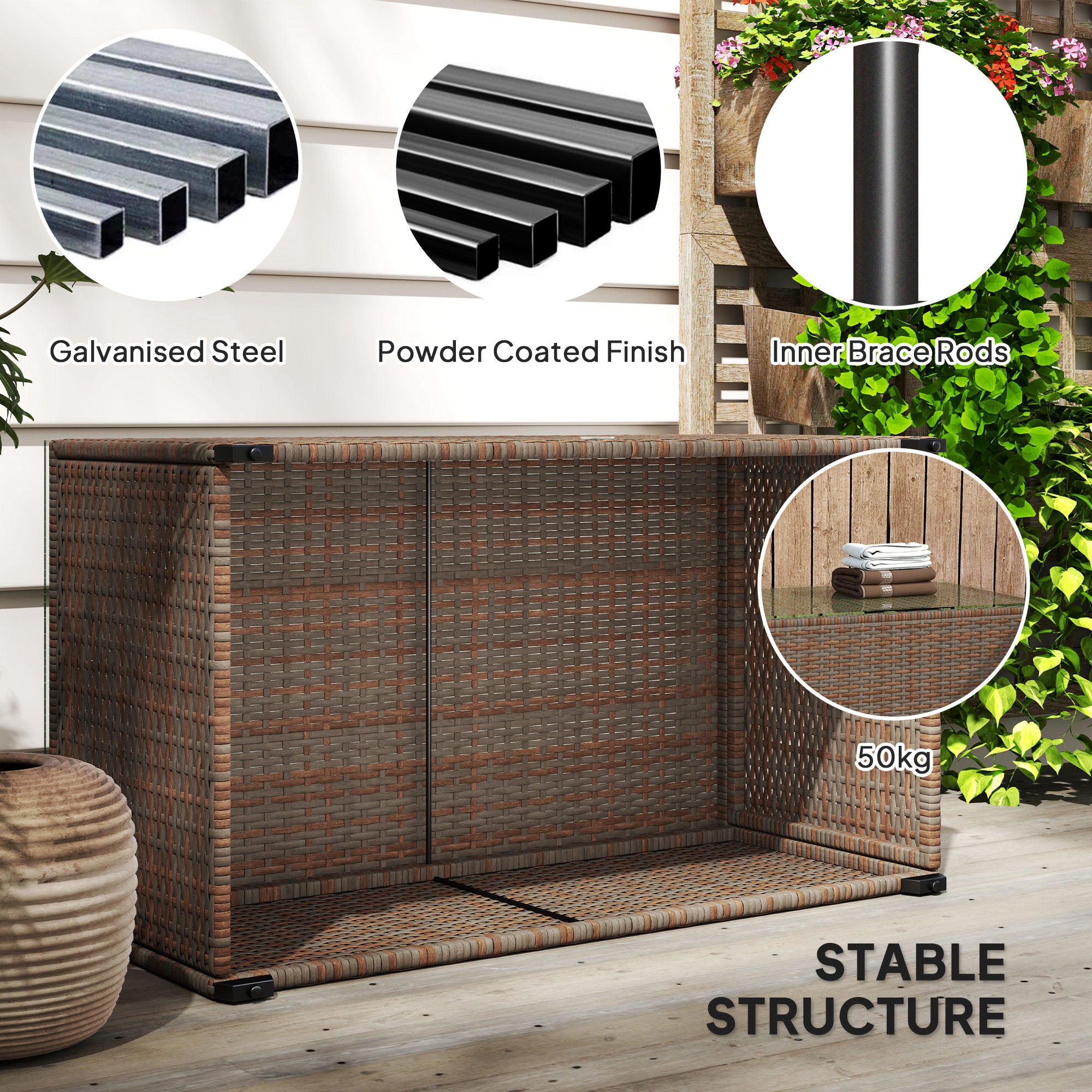 90 x 50cm Glass Top Rattan Side Table with Tempered Glass Brown