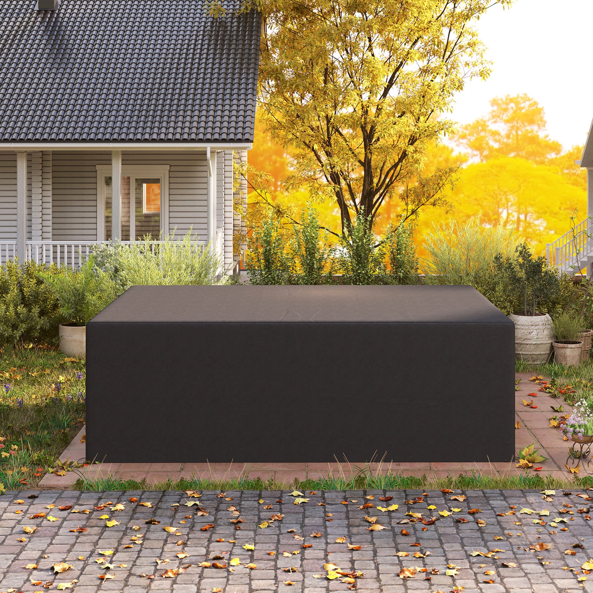 600D Oxford Waterproof Outdoor Sofa Set Cover with Pull Cords - Black
