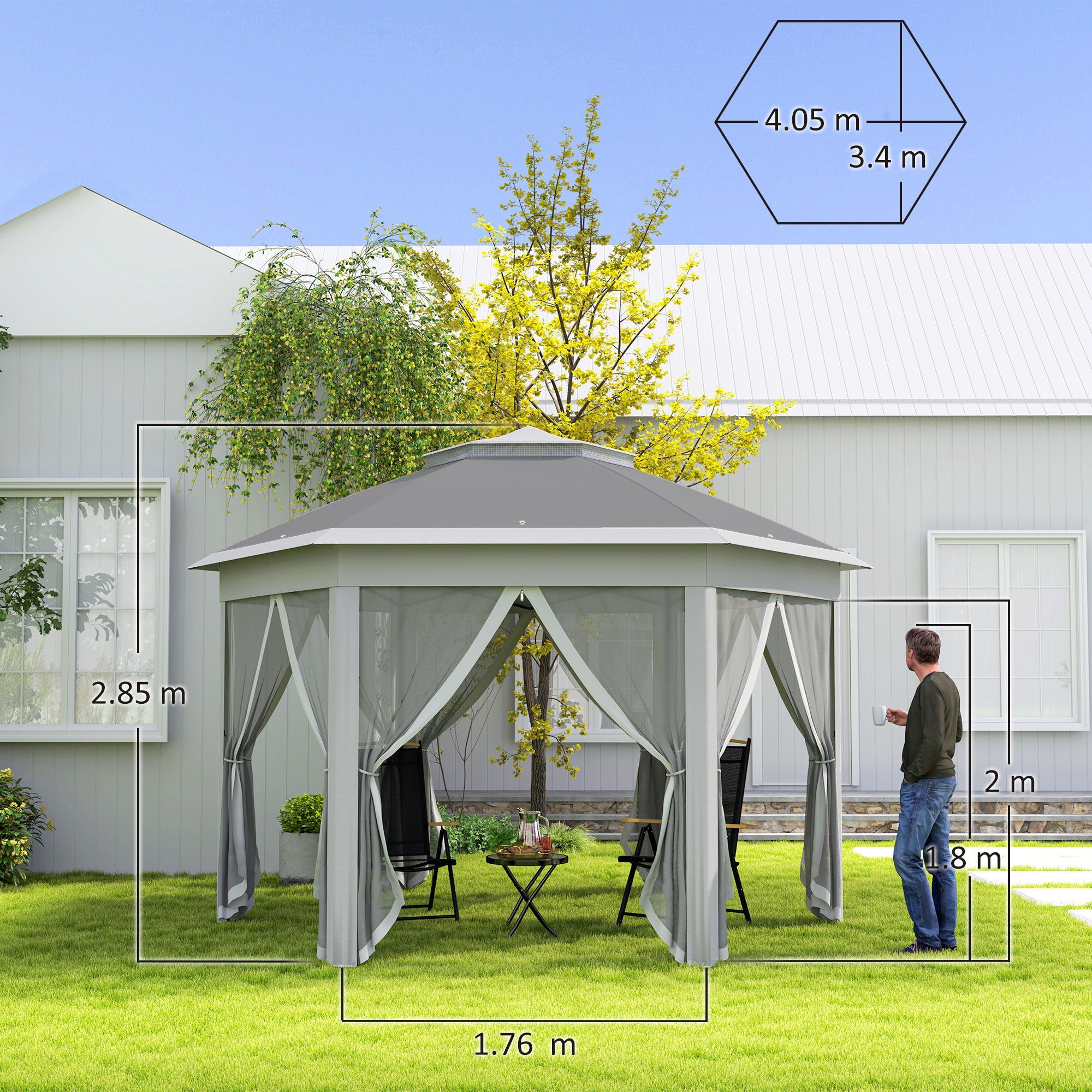 3 x 4m Garden Gazebo Set with Netting Double Roof Pop Up Shelter - Dark Grey