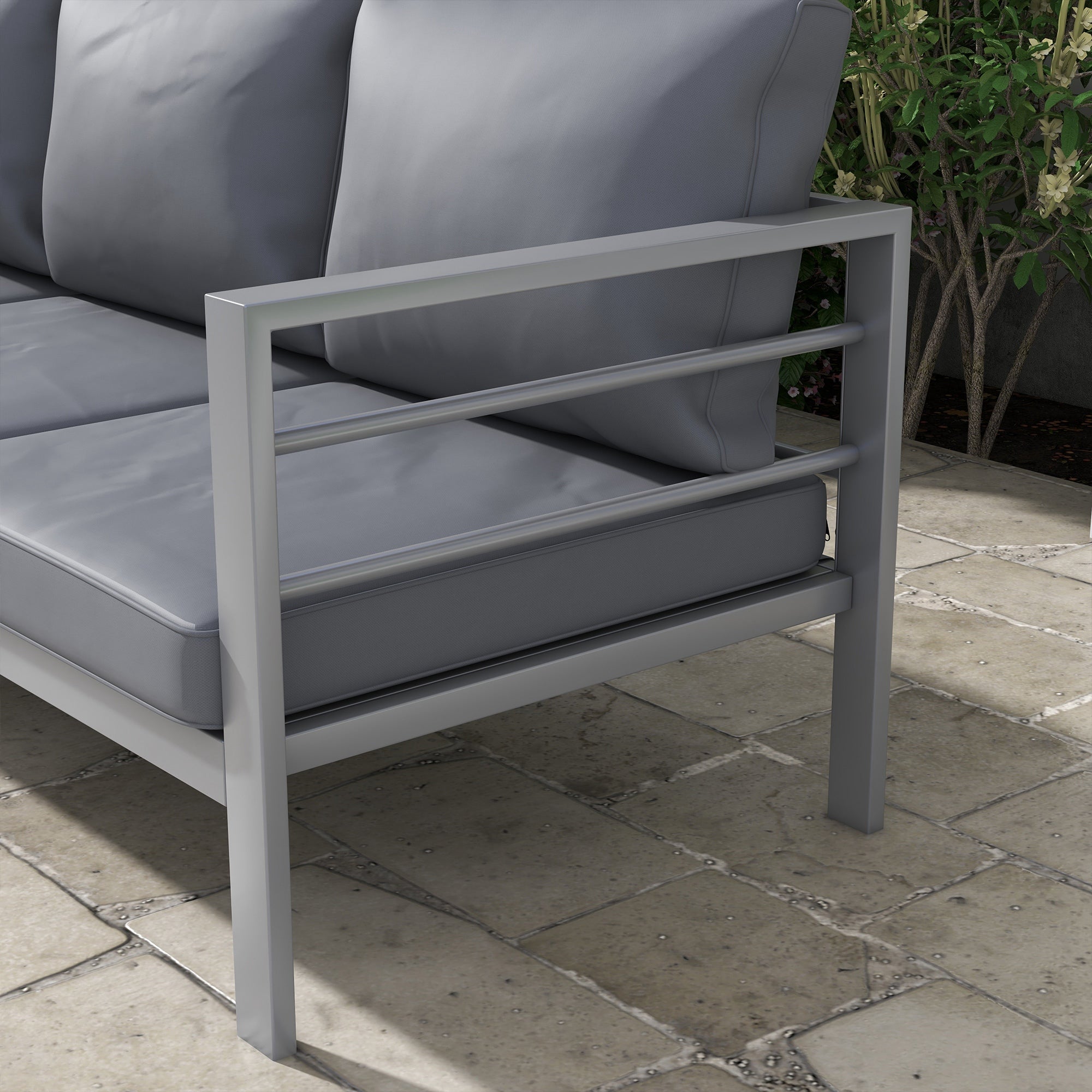 Aluminium Three-Seater Garden Bench, with Cushions - Grey