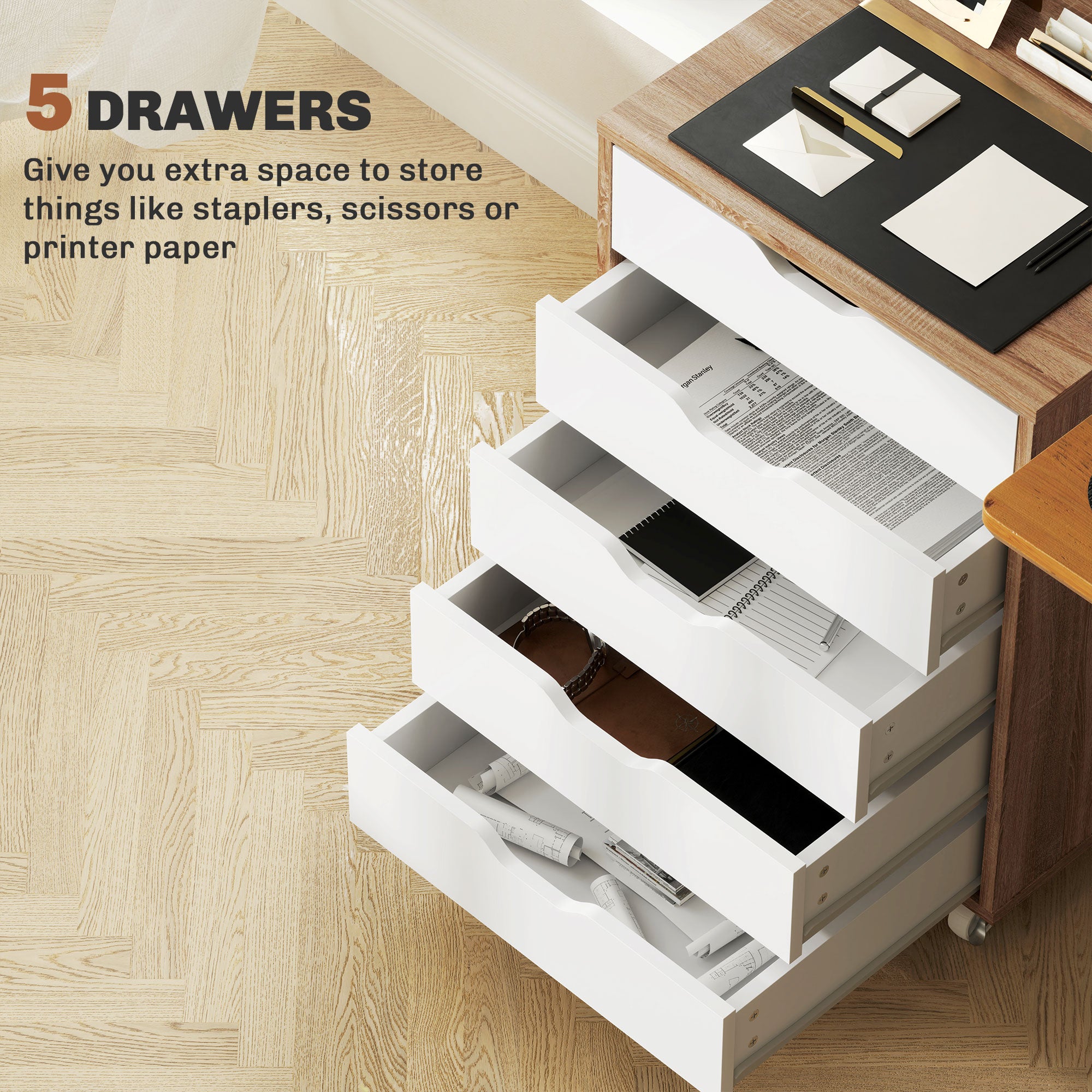 Five-Drawer Filing Cabinet, with Wheels - Oak Brown