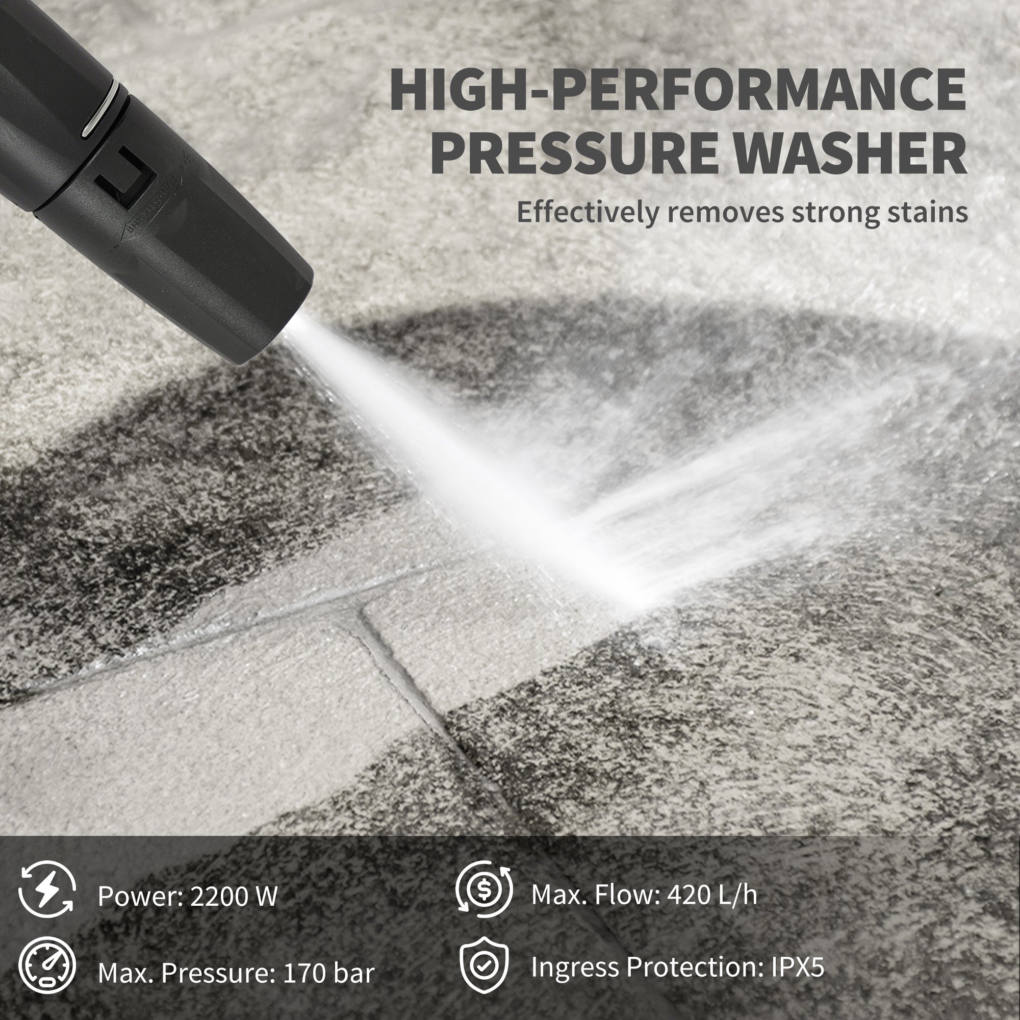 2200W High Pressure Washer, 170 Bar Pressure Washer with Adjustable Nozzle and 6M Hose, 33 x 31.5 x 80.5 cm, Yellow