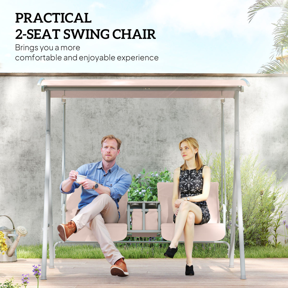2 Seater Garden Swing Chair with Tilting Canopy and Storage Bag - Beige