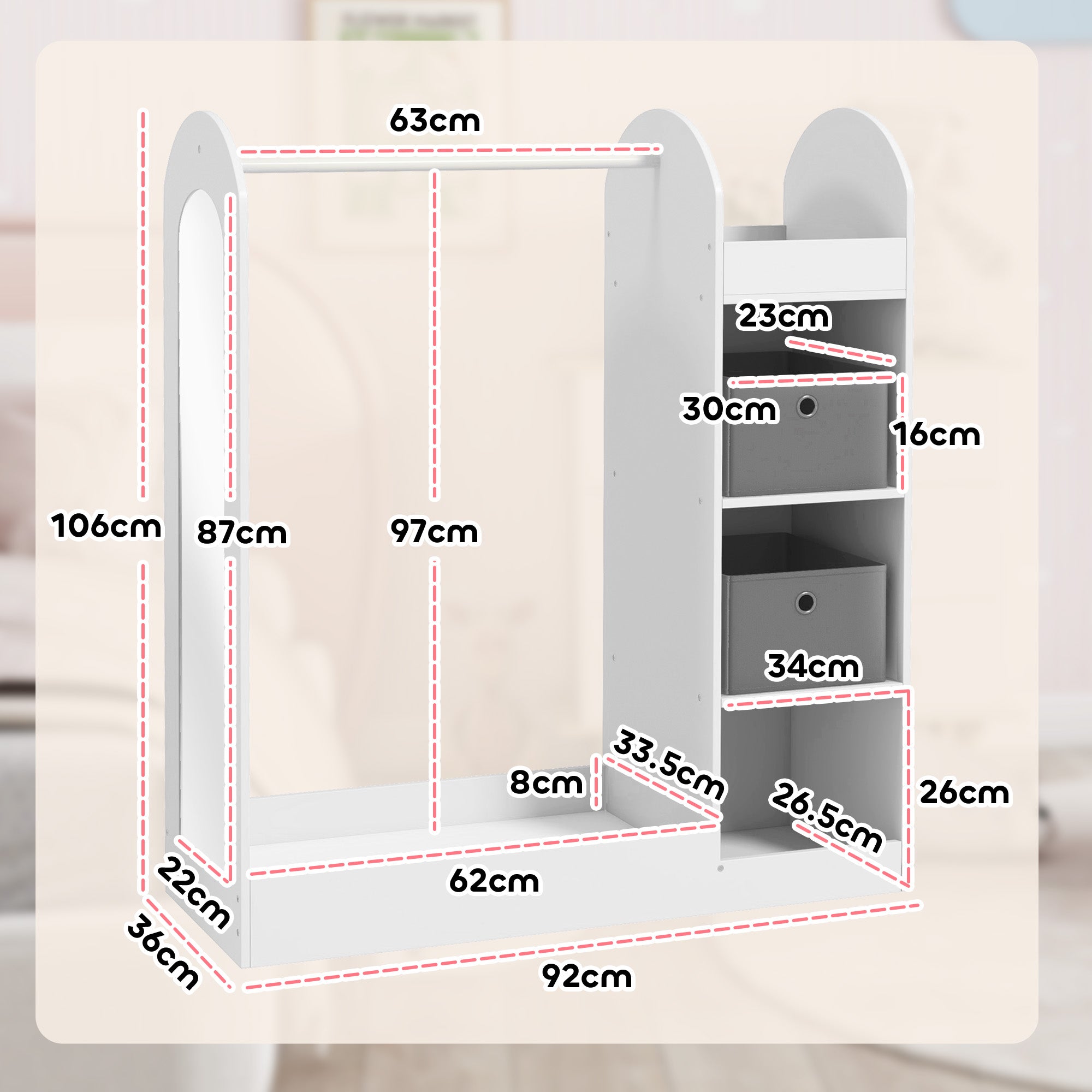 Kids Clothes Rail with Storage Shelf, Boxes, Mirror for Bedroom, Nursery, White