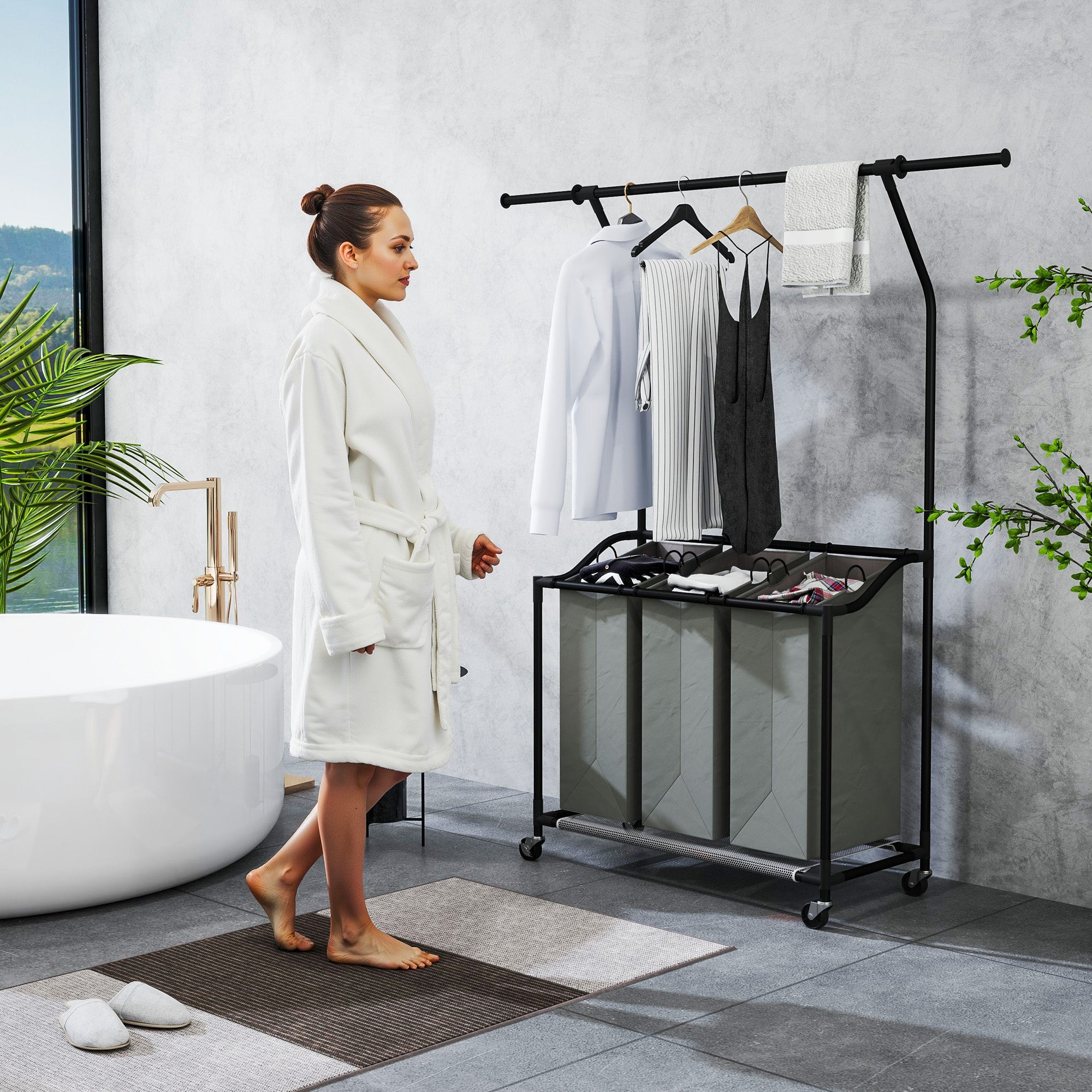 126L Laundry Sorter, Rolling Wash Basket with Hanging Rail and Mobile 3-Bag Organiser for Bedroom, Bathroom, Laundry Room, 88-149.5L x 40W x 167H cm, Dark Grey