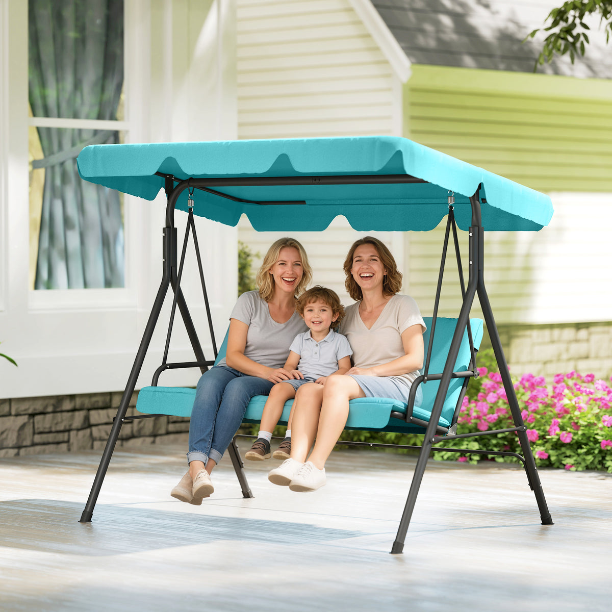 Three-Seater Garden Swing Chair, with Adjustable Canopy - Blue
