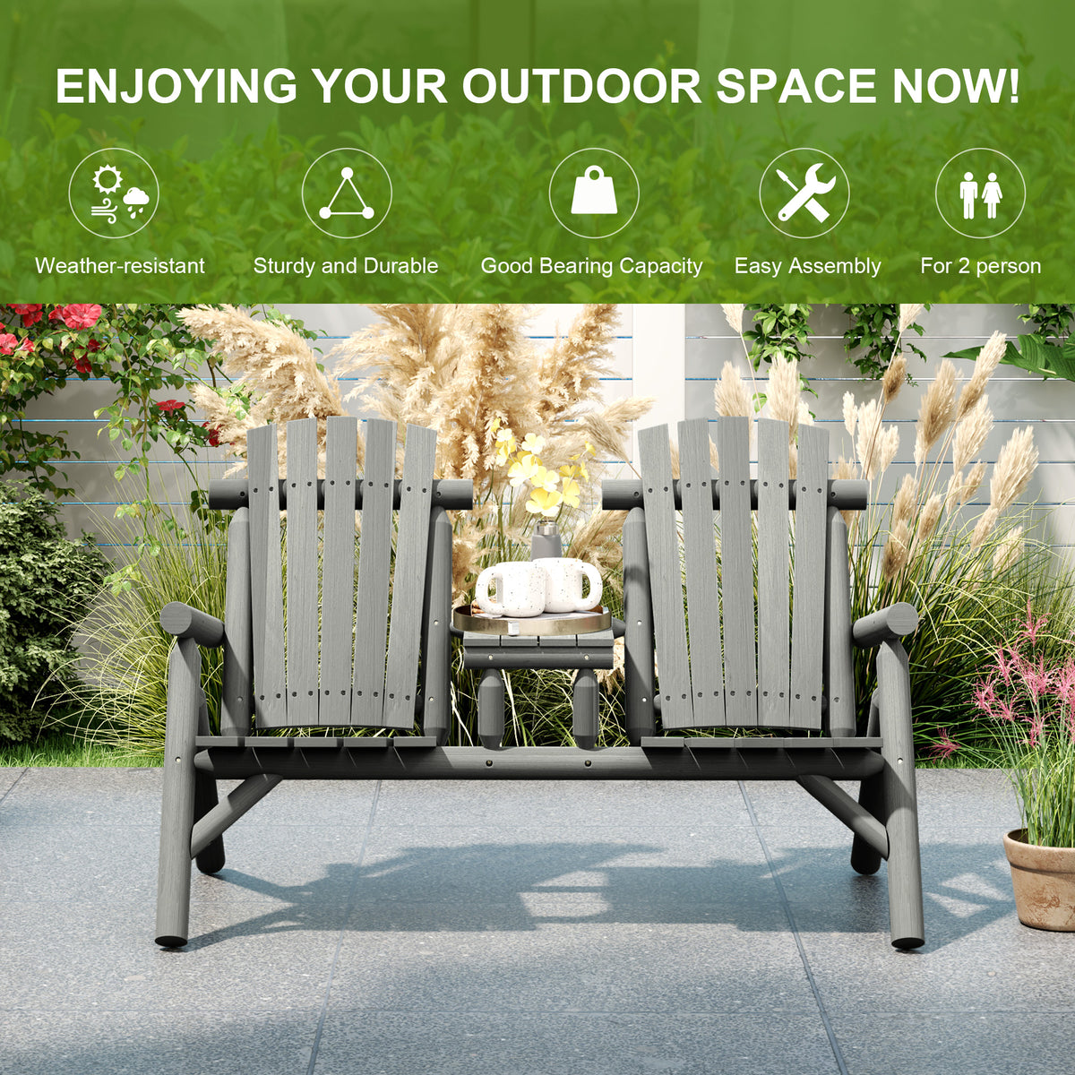 2 Piece Wood Patio Bench Set with Centre Coffee Table - Grey