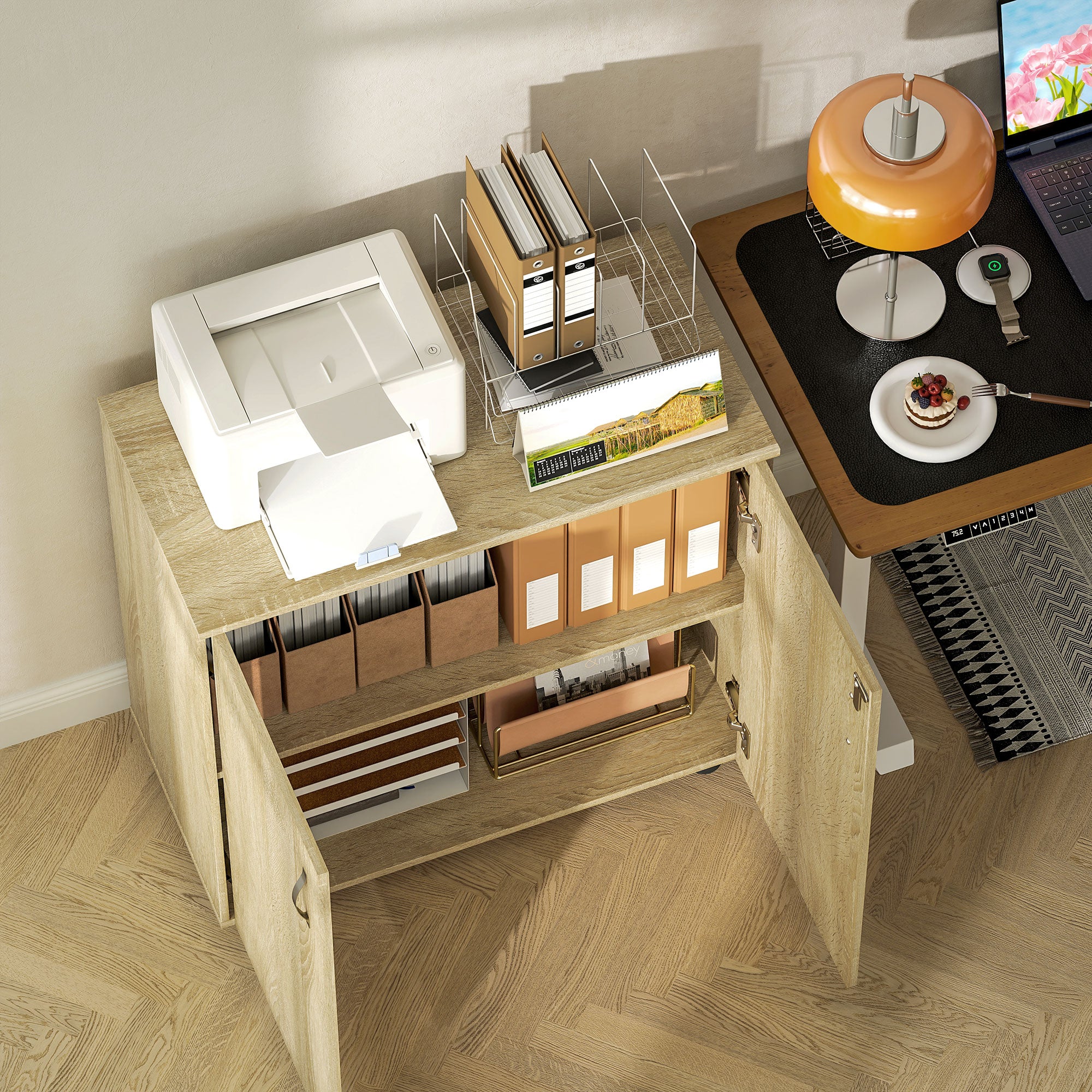 Two-Tier Locking Office Storage Cabinet with Keys - Oak