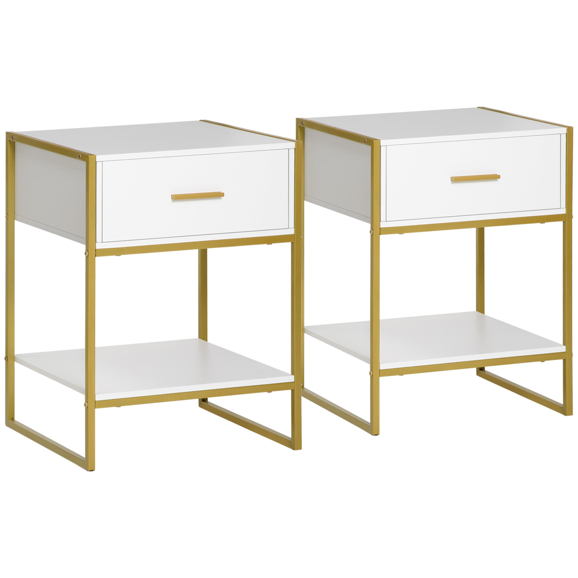 Set of Two Elegant Bedside Tables - White/Gold-Tone