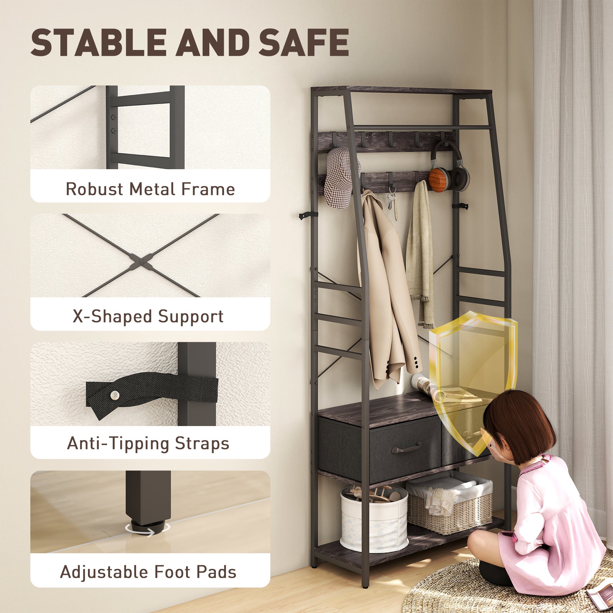 Coat Rack with Shoe Storage, Hall Tree, Industrial Coat Stand with Shoe Bench, 10 Removable Hooks, 2 Fabric Drawers and Clothes Rail for Entryway, Hallway, Grey