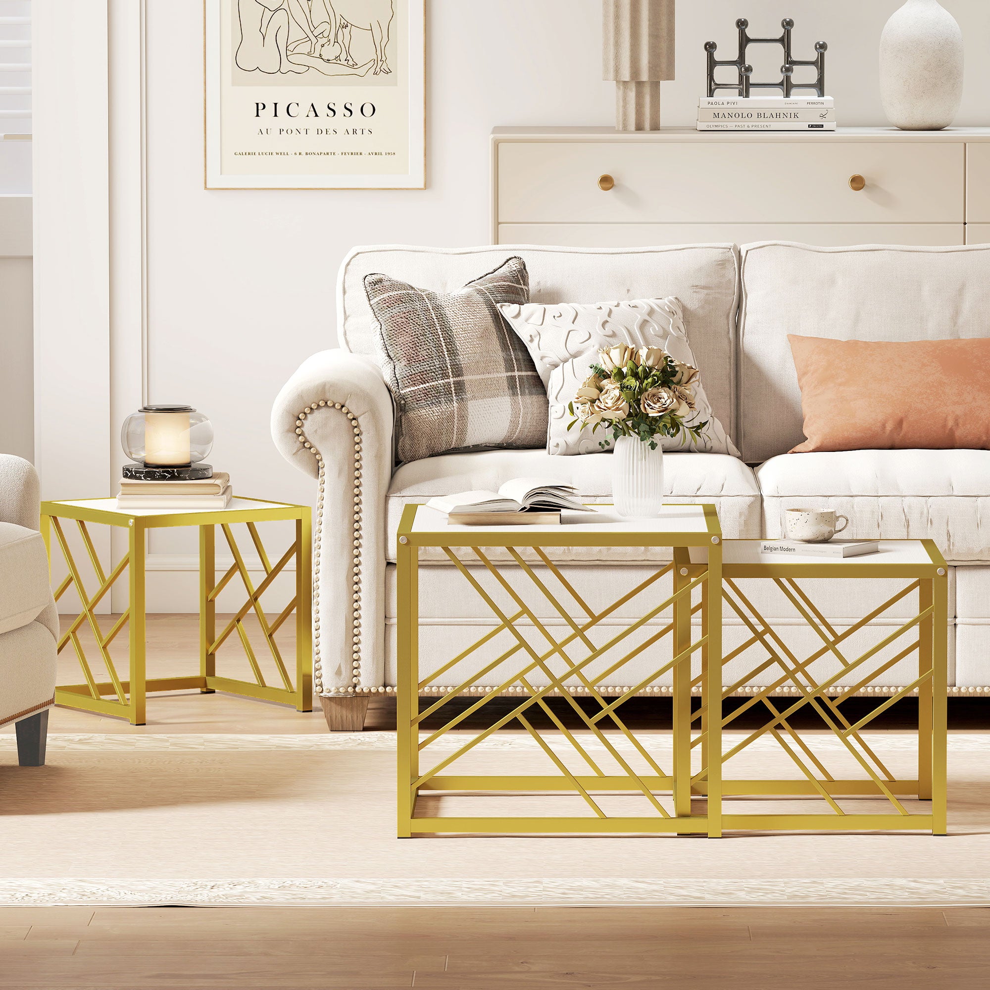 Nesting Coffee Tables, Set of 3 Square Side Tables with Black Metal Frame, for Living Room, Bedroom and Office, White