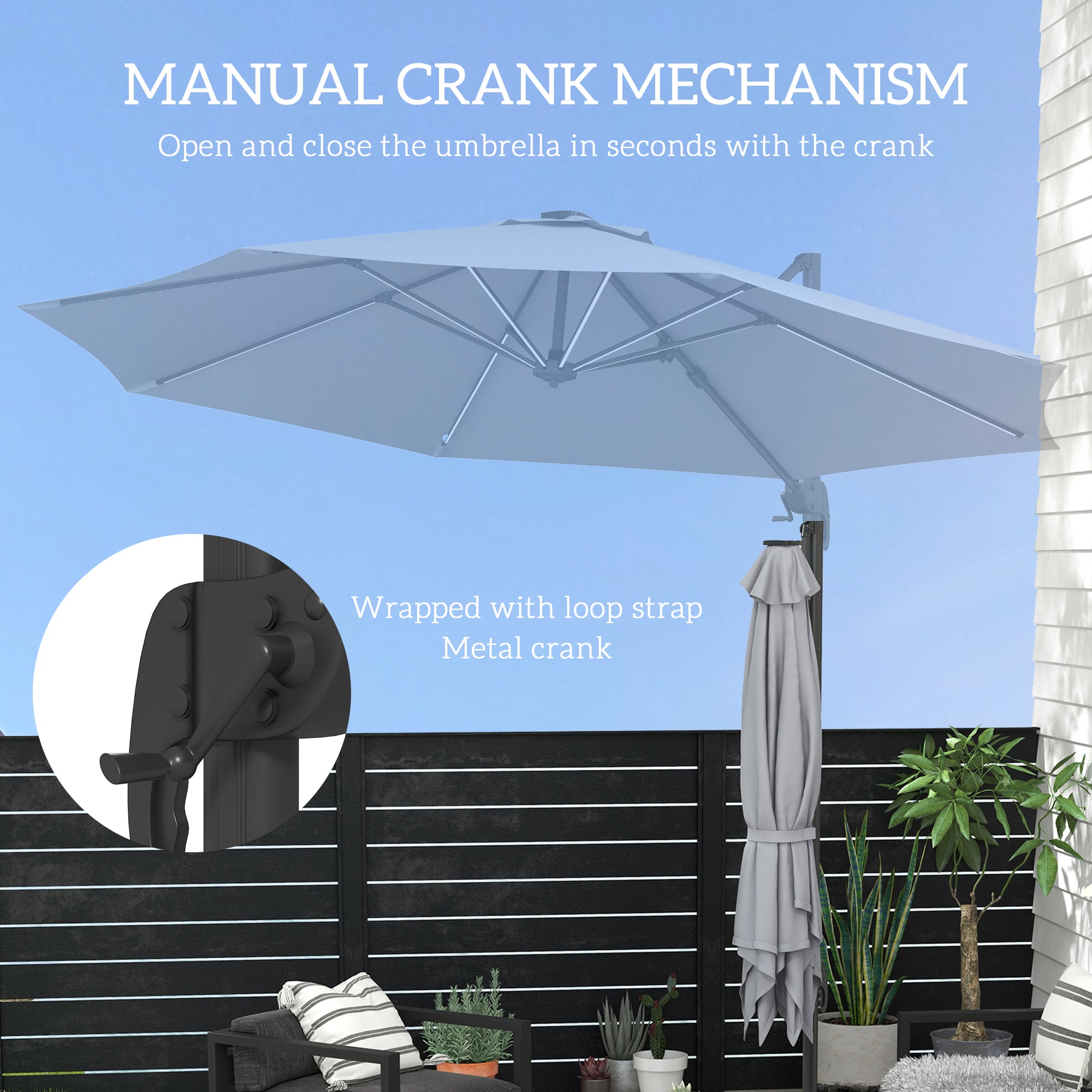 3(m) Adjustable Cantilever Parasol with Base, Solar LED Lights, Light Grey