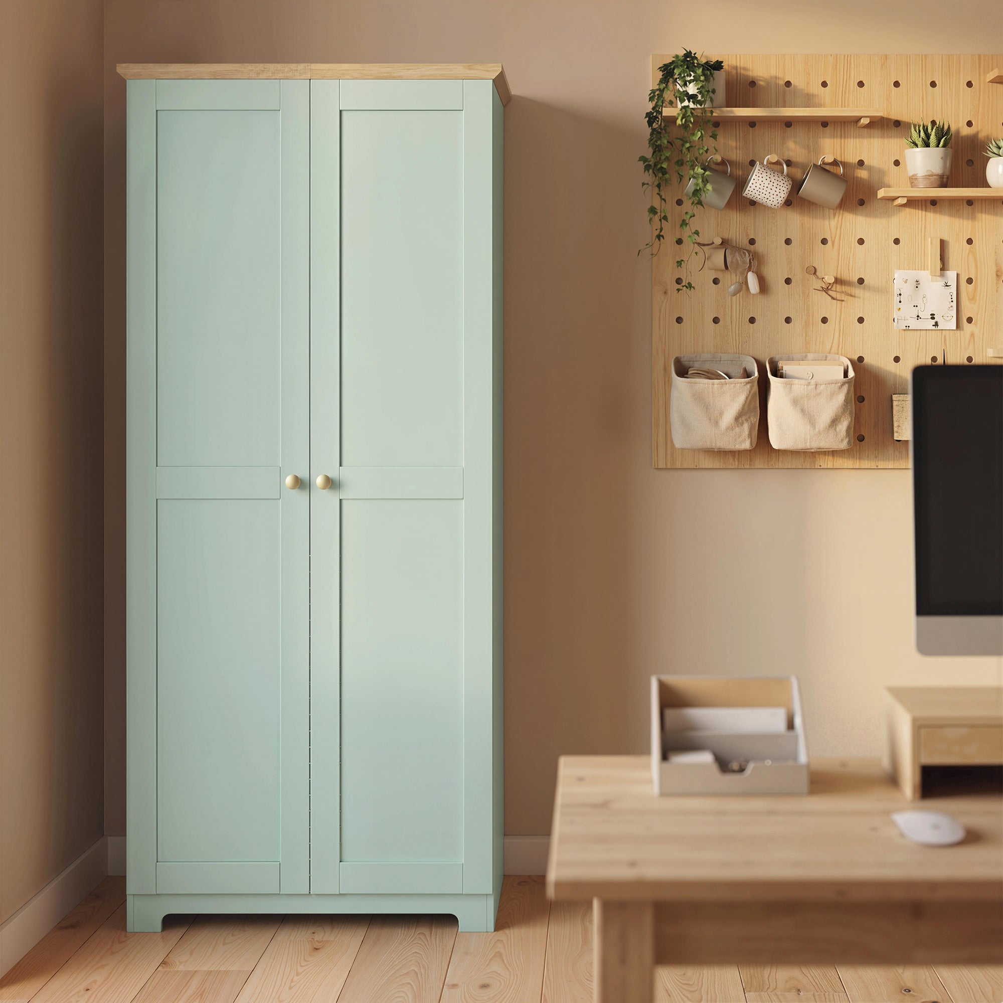 Kitchen Cupboard, 172cm Freestanding Storage Cabinet with Doors and Shelves, Light Green